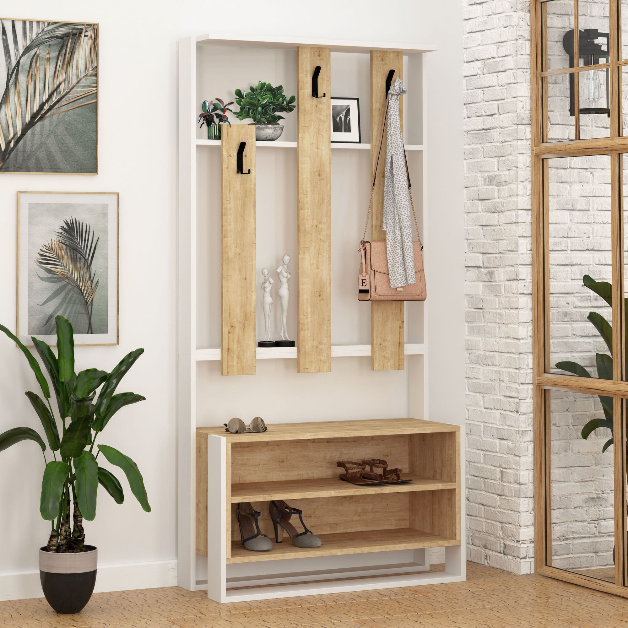 Cuier, Hanah Home, PAL melaminat, alb si stejar, 90x36x180 cm — imaginea 2