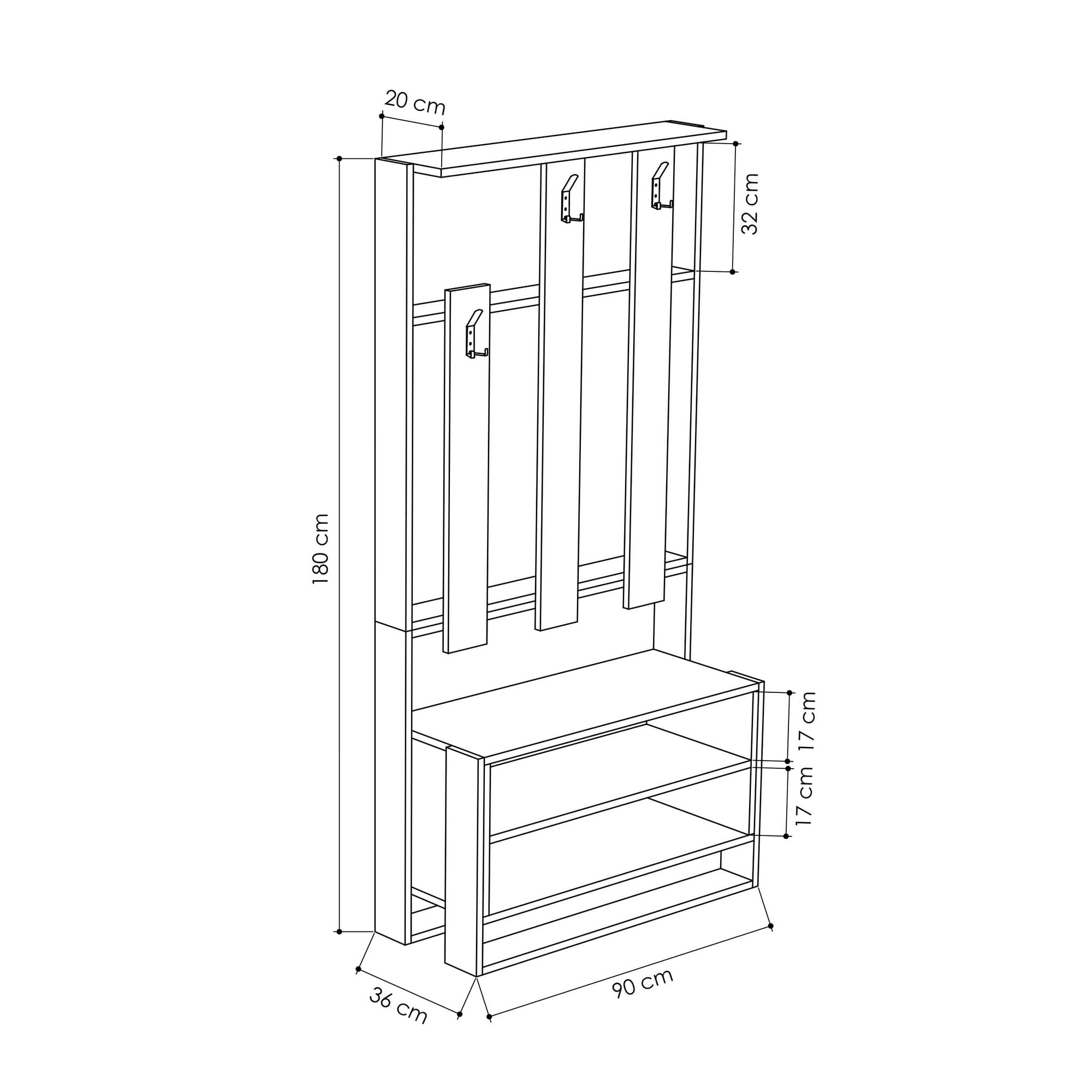 Cuier, Hanah Home, PAL melaminat, alb si stejar, 90x36x180 cm — imaginea 3