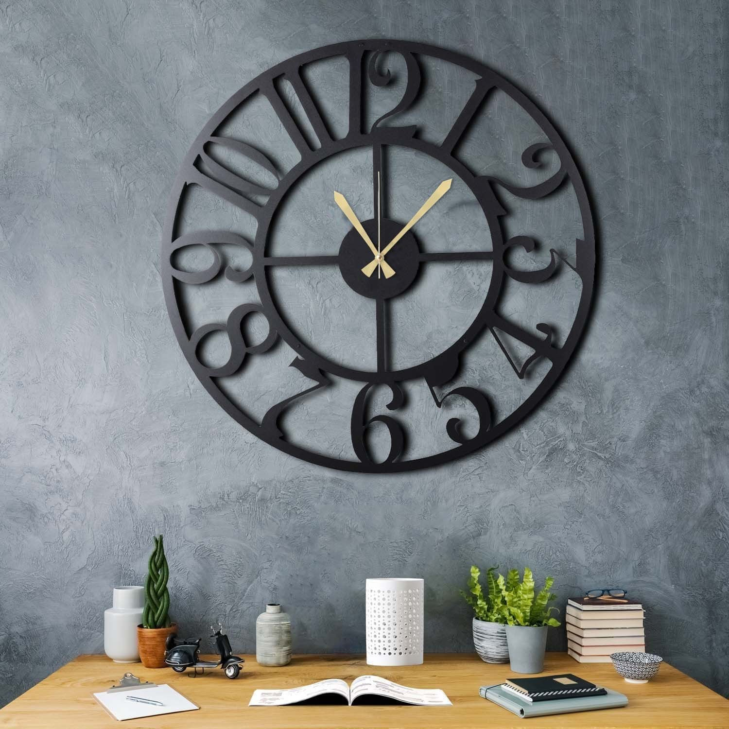 Ceas de perete decorativ, Wallxpert, metal, negru, 70x70 cm, 805BSG1103