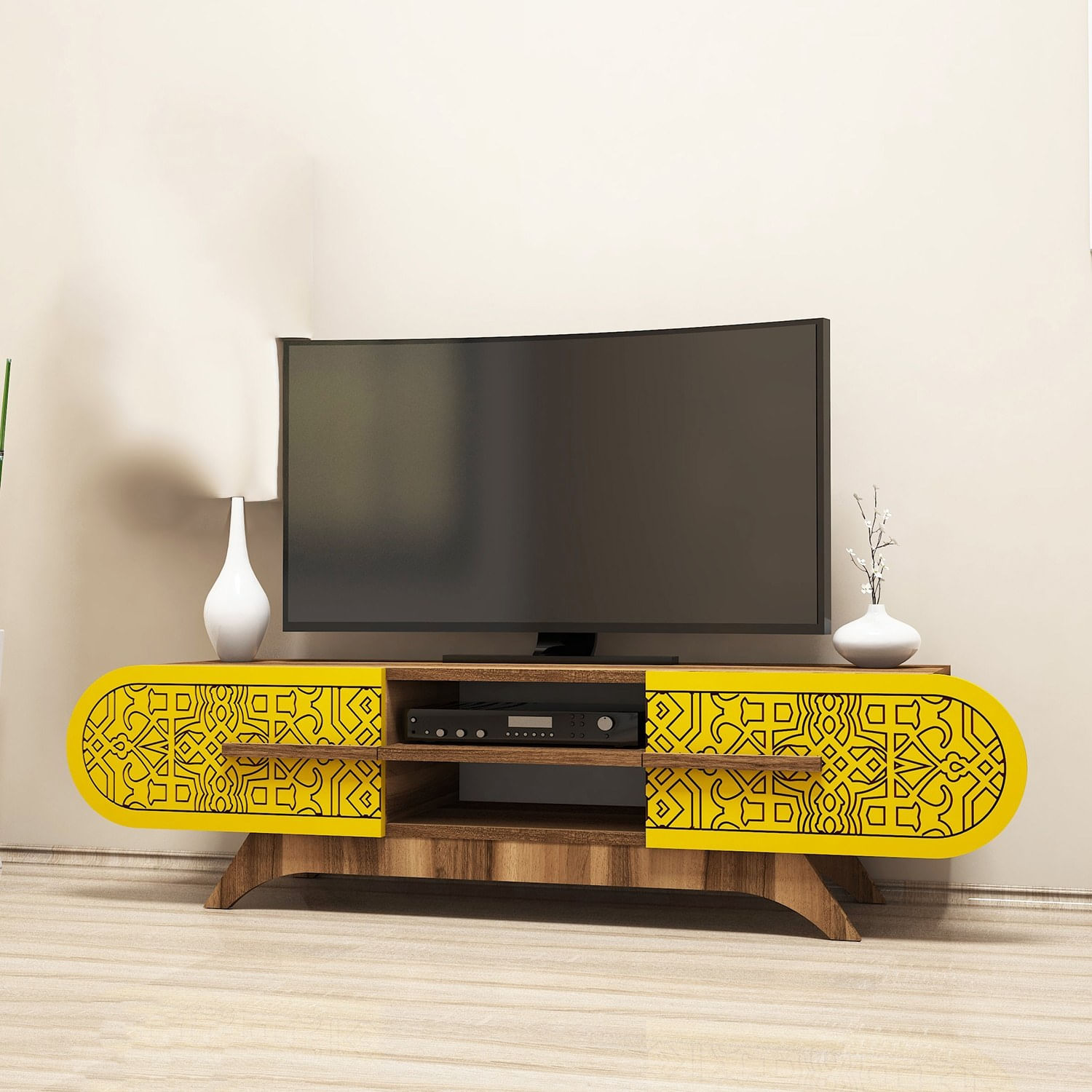 Comoda tv, Hanah Home, pal melaminat, nuc si galben, 145x37x37 cm — imaginea 2