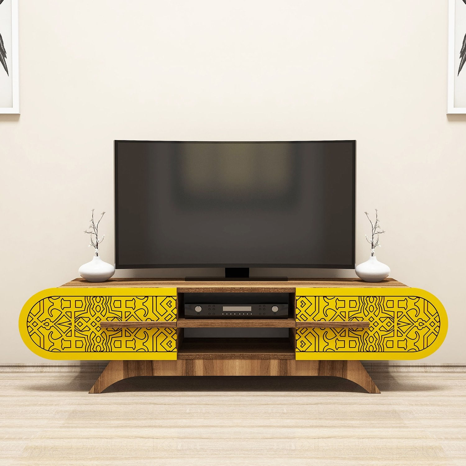 Comoda tv, Hanah Home, pal melaminat, nuc si galben, 145x37x37 cm — imaginea 3