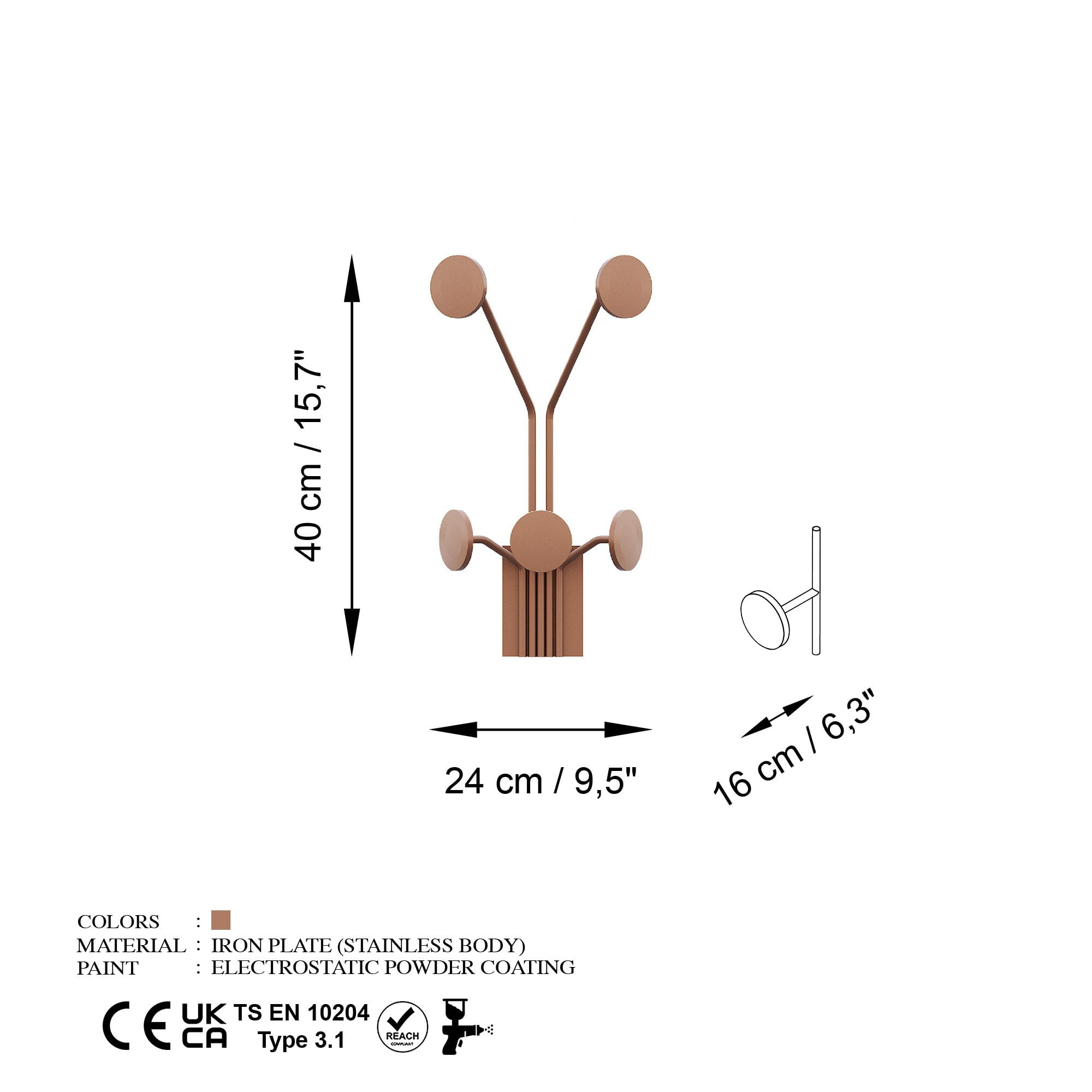 Cuiere de perete, Wallxpert, metal, cupru, 24x16x40 cm — imaginea 3