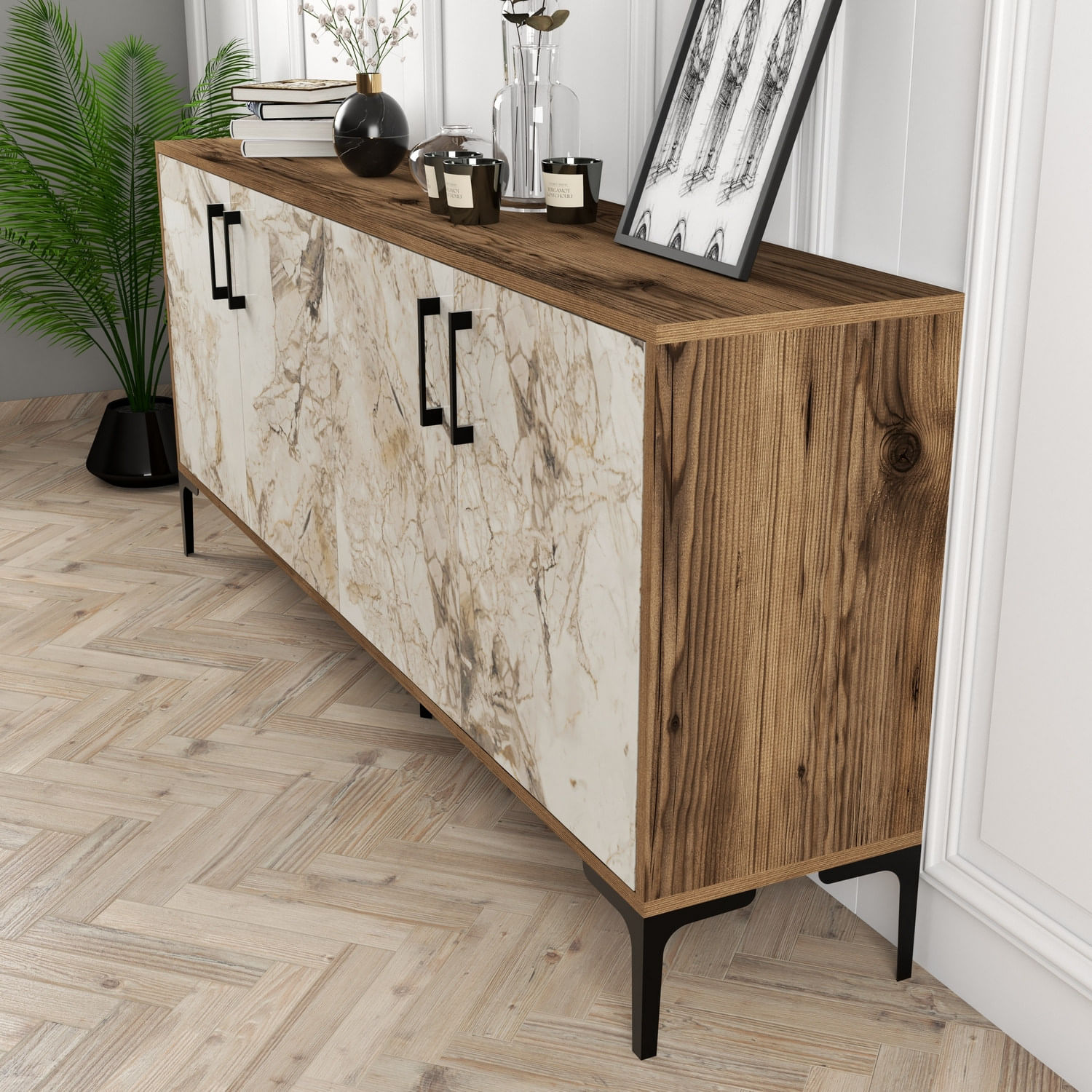 Consola, Hanah Home, panou de particule melaminat, nuc si alb, 180x35x78 cm — imaginea 4