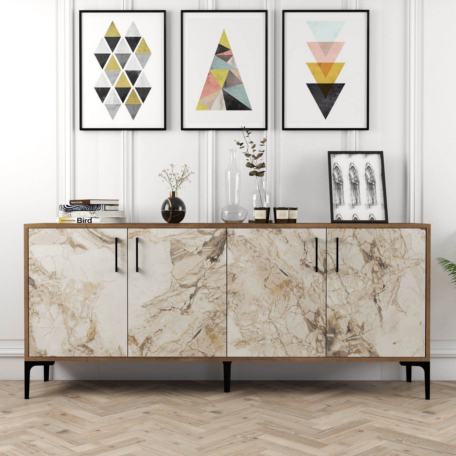 Consola, Hanah Home, panou de particule melaminat, nuc si alb, 180x35x78 cm — imaginea 5