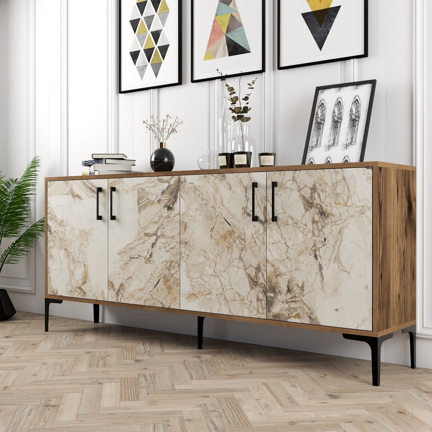 Consola, Hanah Home, panou de particule melaminat, nuc si alb, 180x35x78 cm — imaginea 6