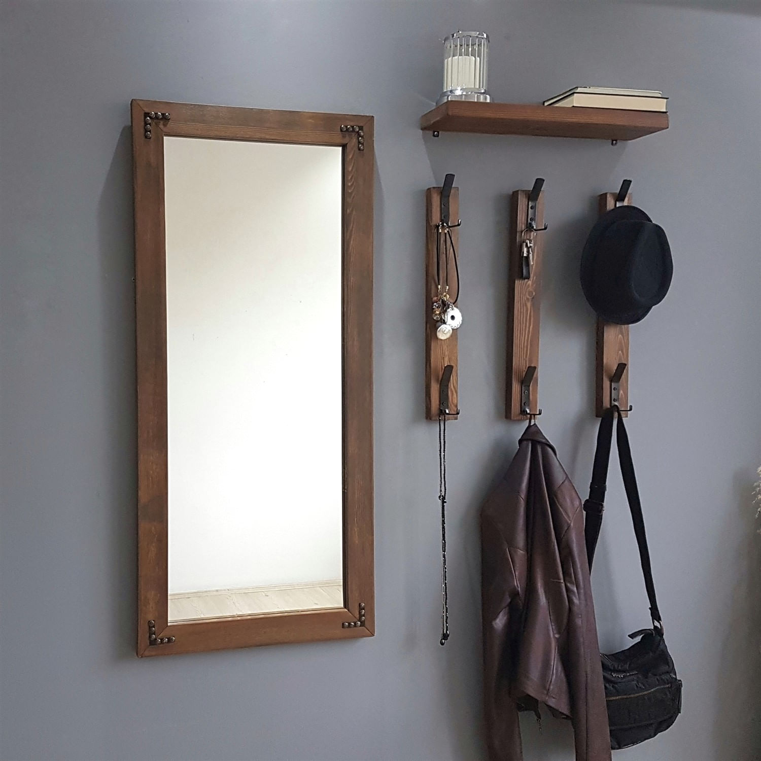 Cuier de perete, Hanah Home, lemn masiv de pin, nuc, 50x15x110 cm — imaginea 2