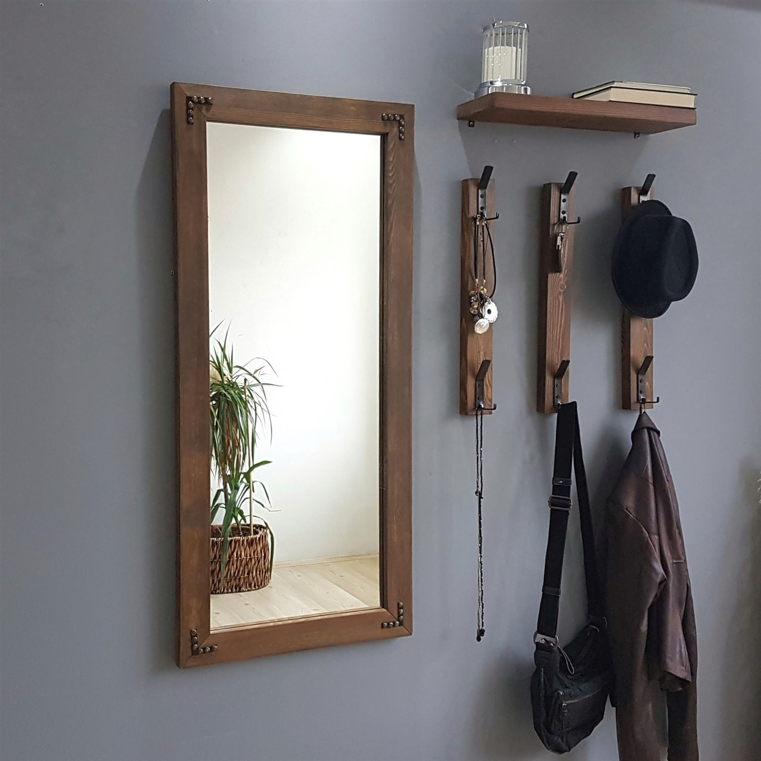 Cuier de perete, Hanah Home, lemn masiv de pin, nuc, 50x15x110 cm — imaginea 3