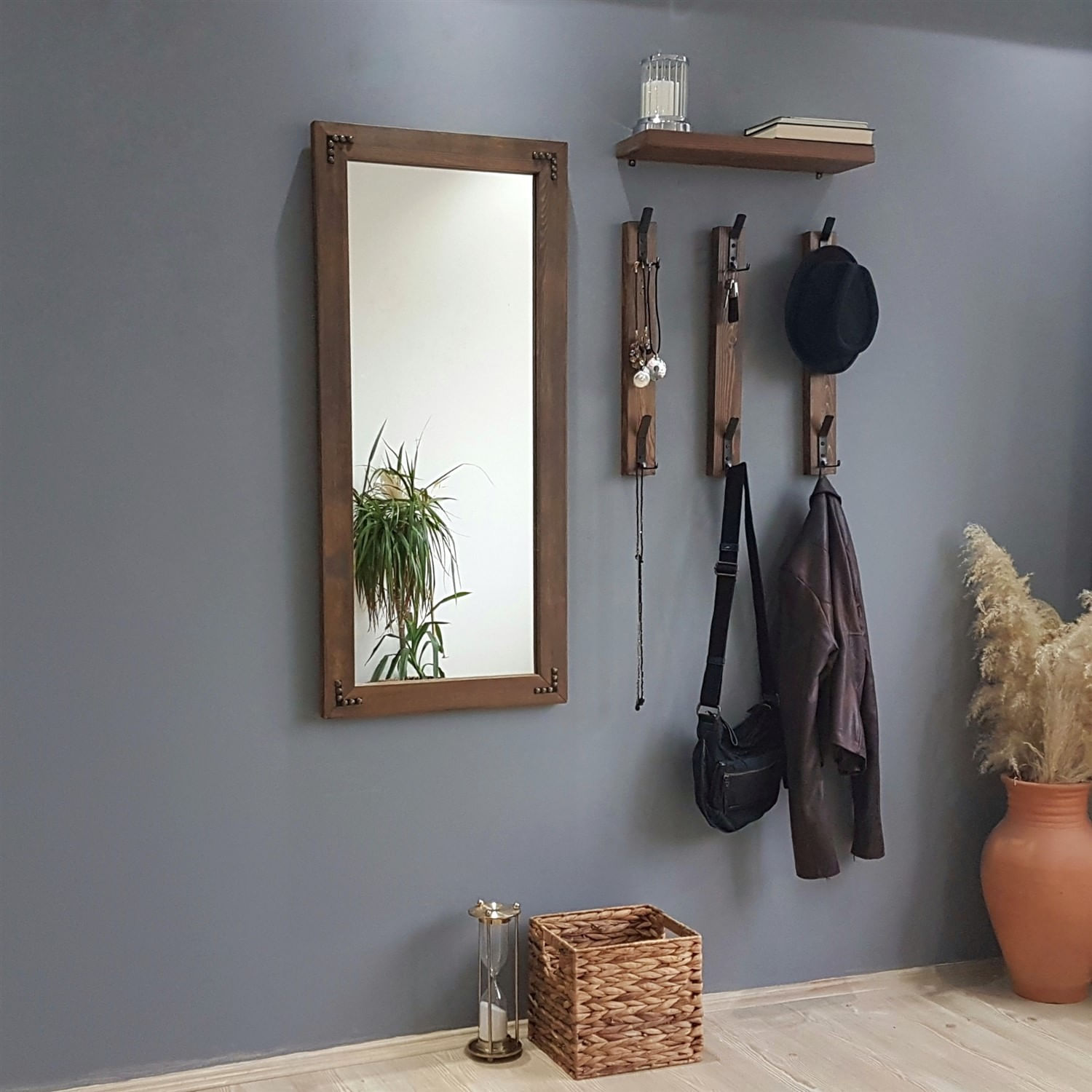 Cuier de perete, Hanah Home, lemn masiv de pin, nuc, 50x15x110 cm — imaginea 5