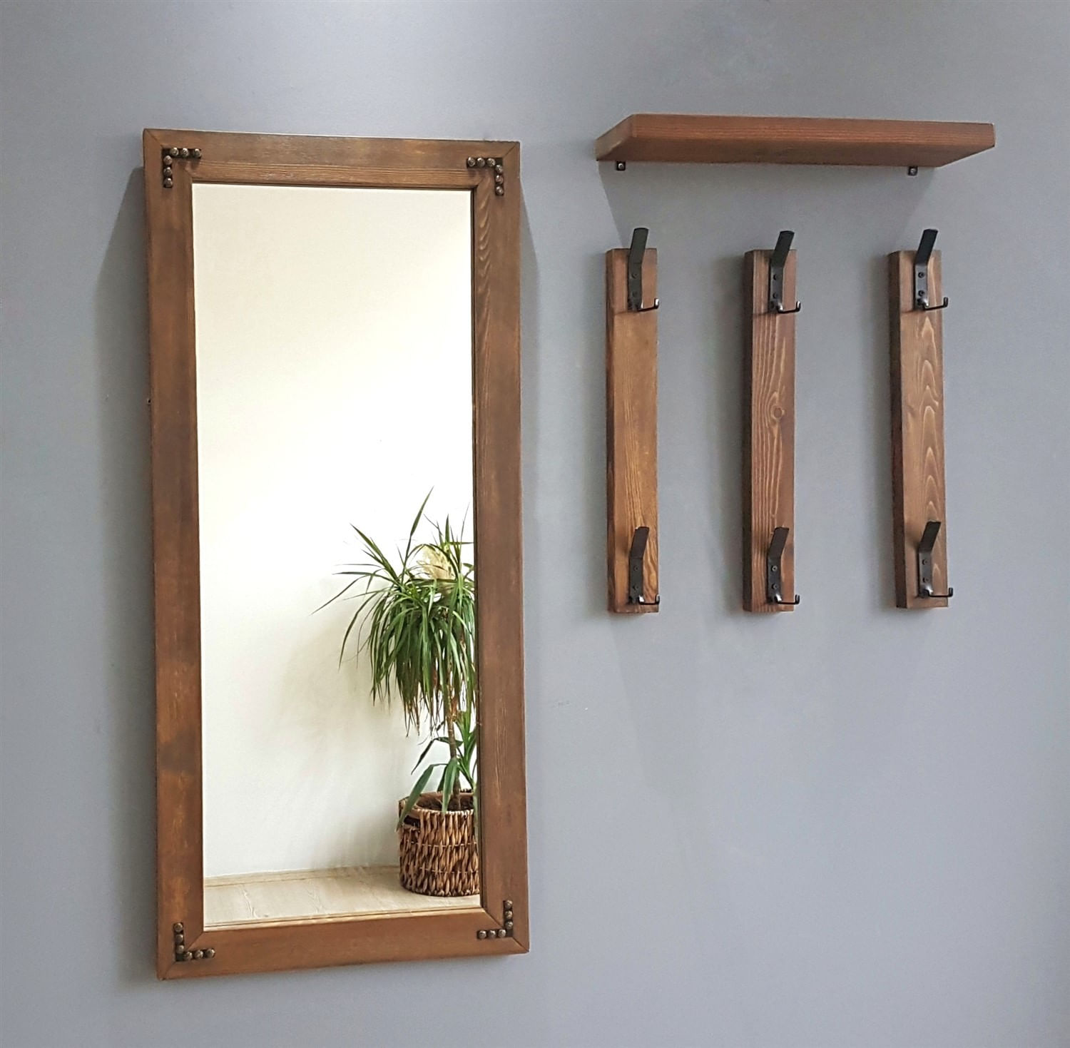 Cuier de perete, Hanah Home, lemn masiv de pin, nuc, 50x15x110 cm — imaginea 6