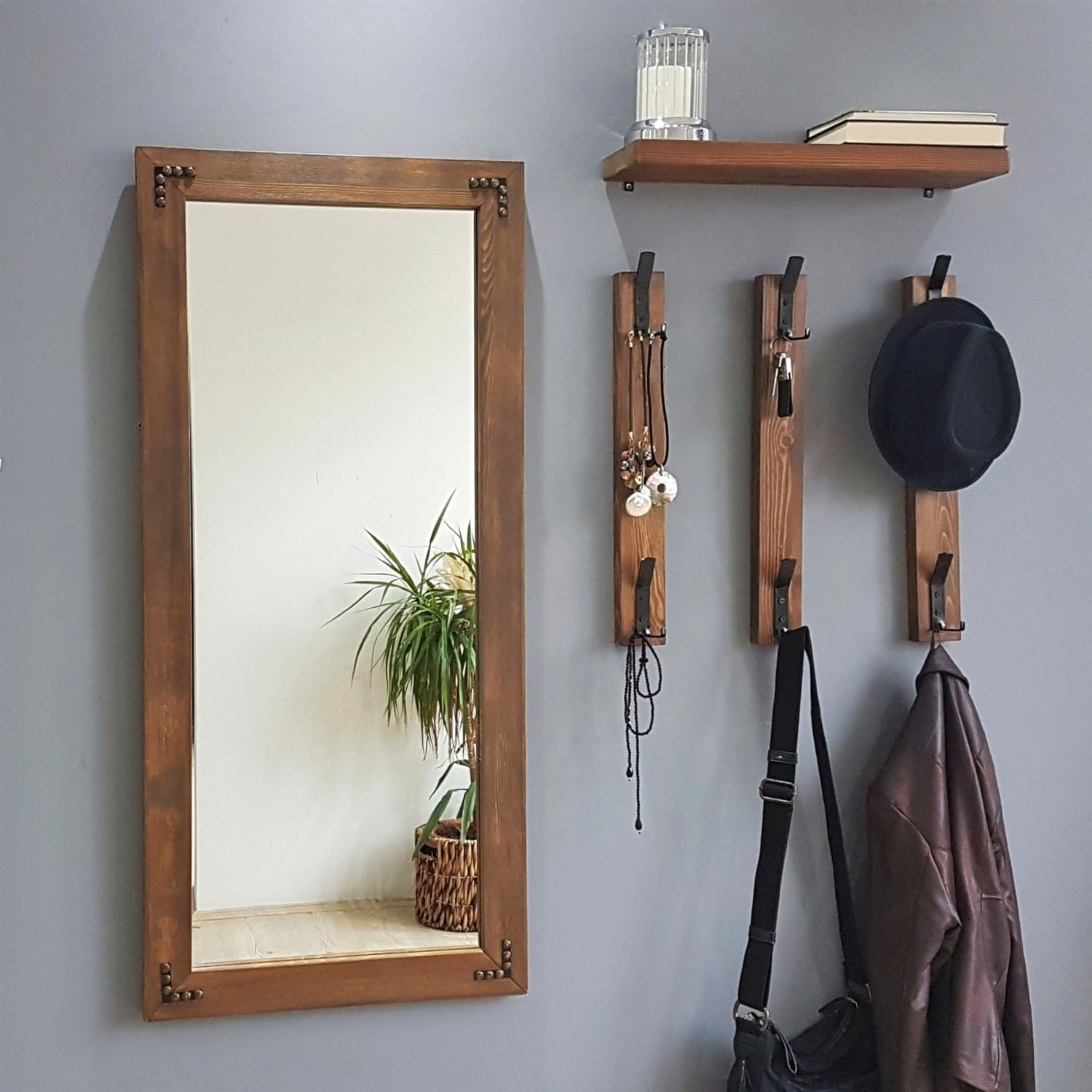 Cuier de perete, Hanah Home, lemn masiv de pin, nuc, 50x15x110 cm — imaginea 7