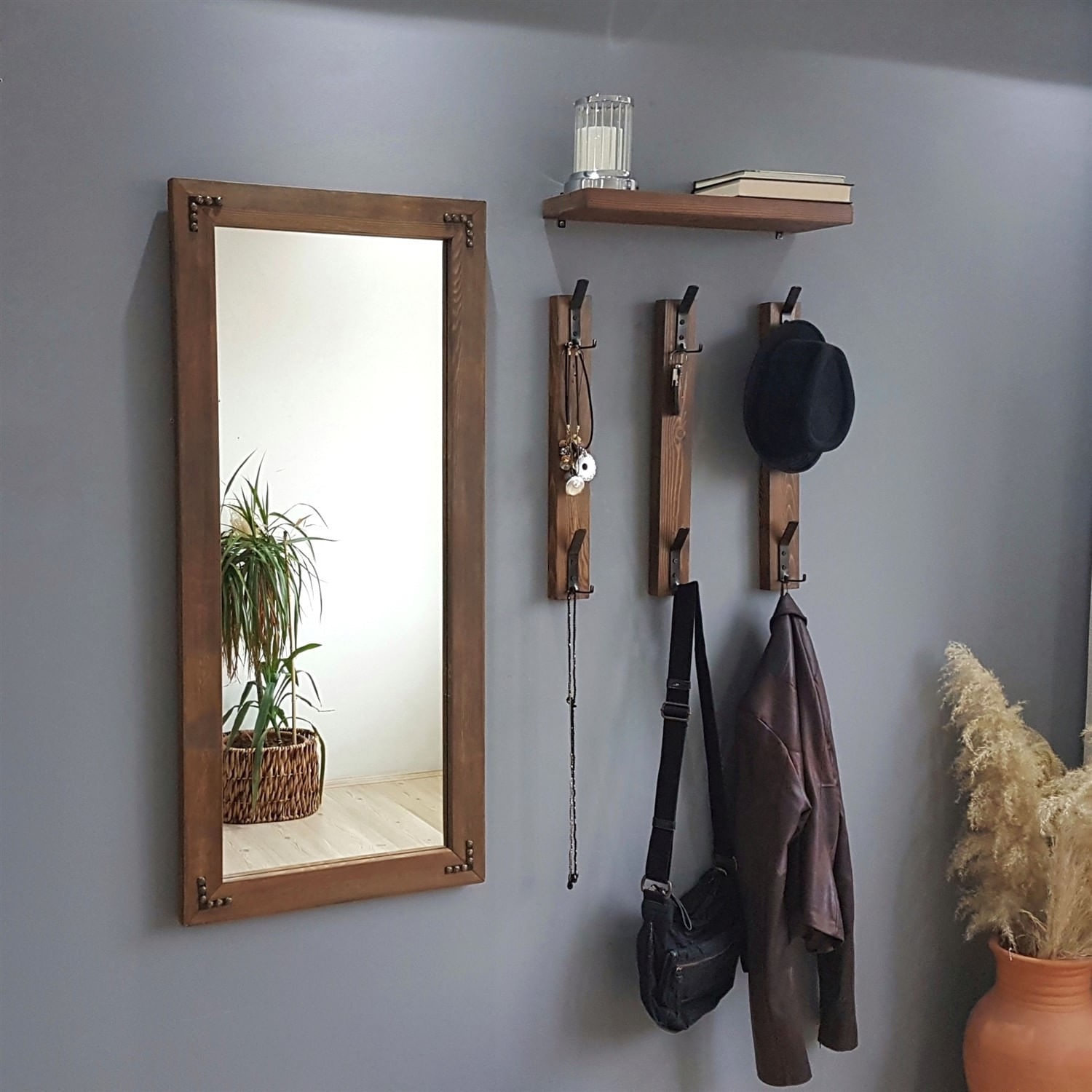 Cuier de perete, Hanah Home, lemn masiv de pin, nuc, 50x15x110 cm — imaginea 8