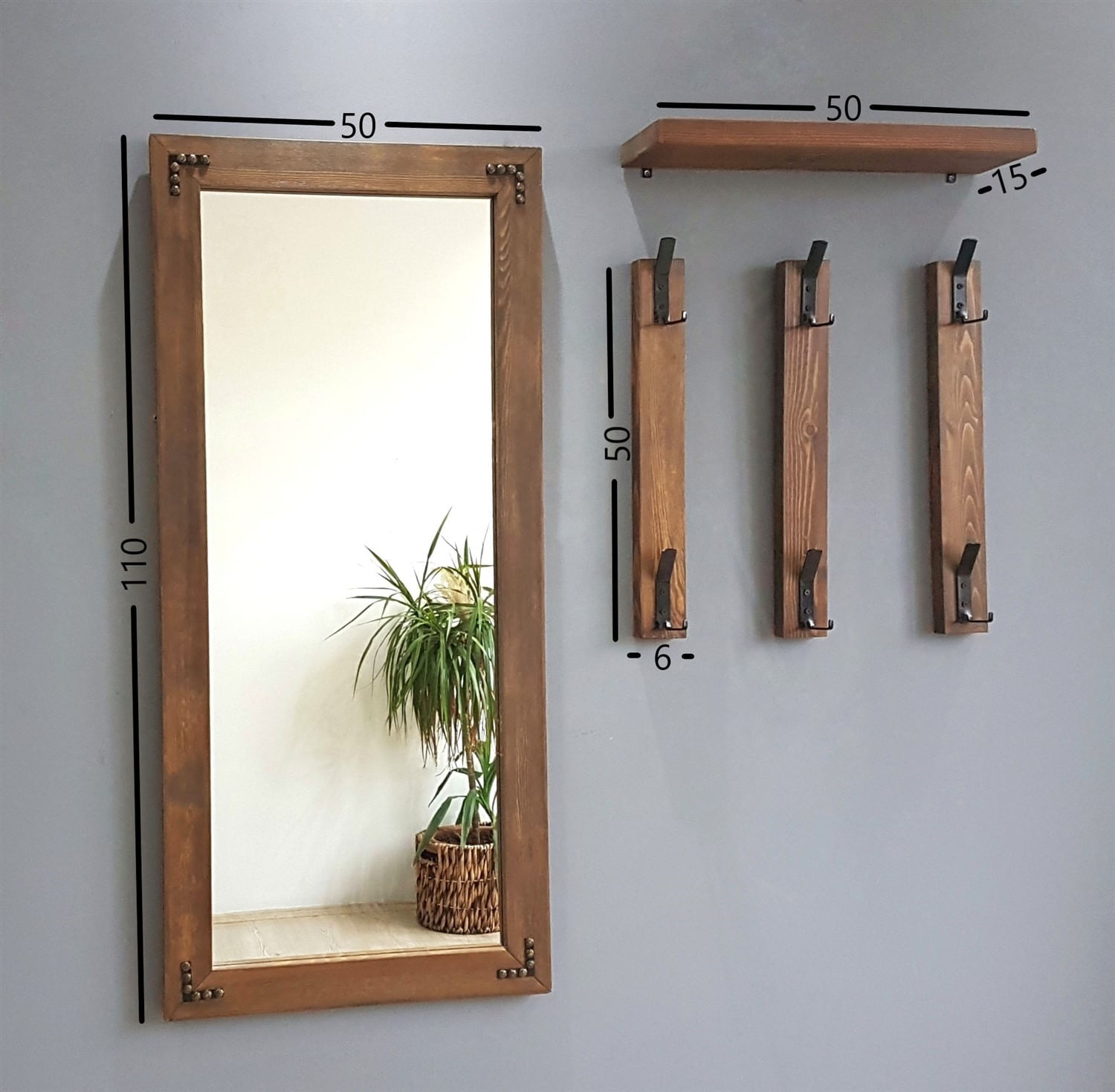 Cuier de perete, Hanah Home, lemn masiv de pin, nuc, 50x15x110 cm — imaginea 9