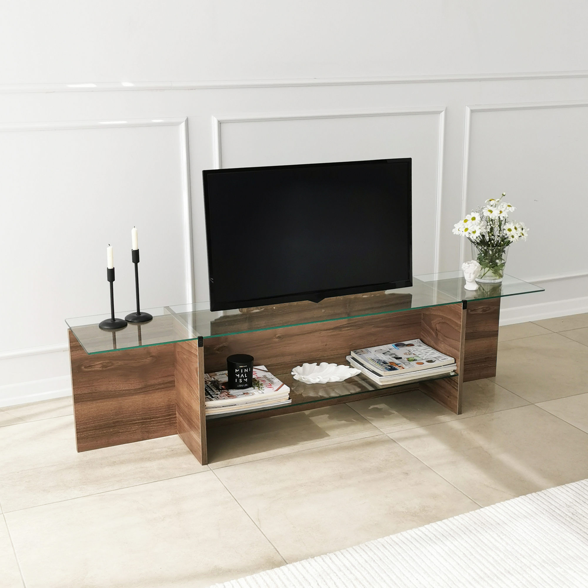 Comoda tv, Hanah Home, sticla temperata si pal melaminat, nuc, 158x40x35 cm — imaginea 3