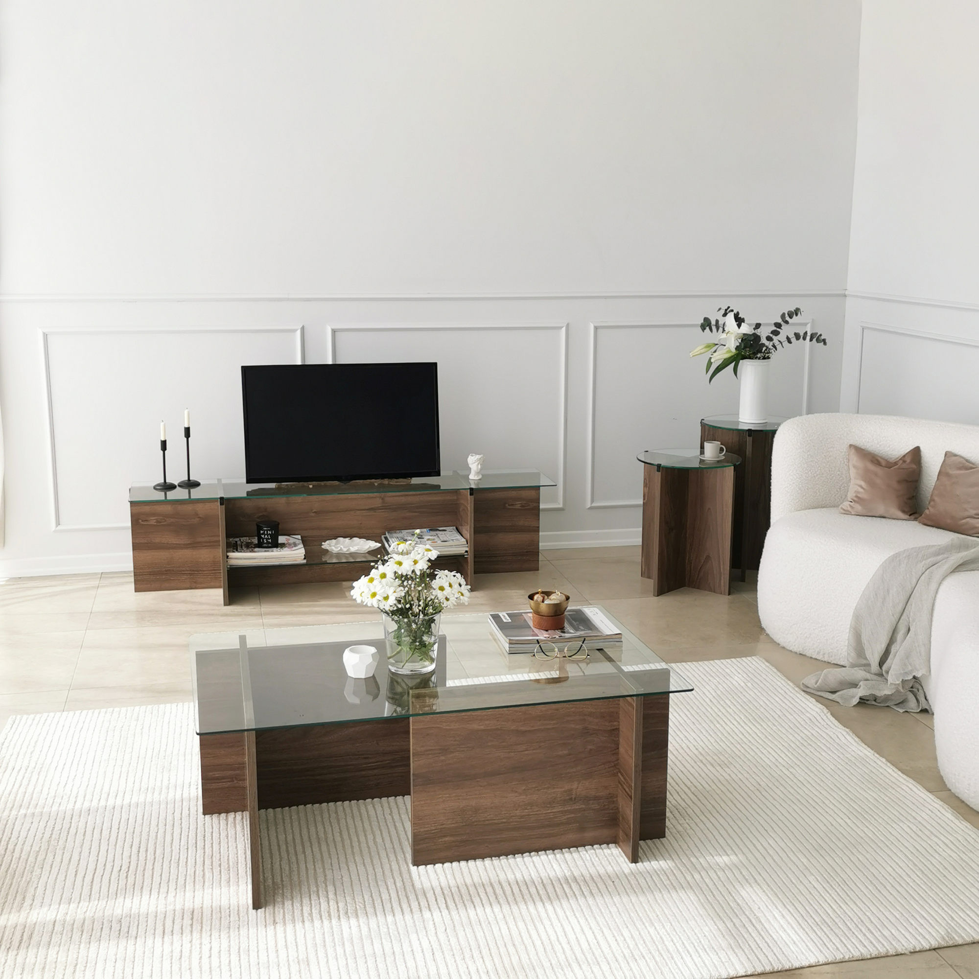 Comoda tv, Hanah Home, sticla temperata si pal melaminat, nuc, 158x40x35 cm — imaginea 5