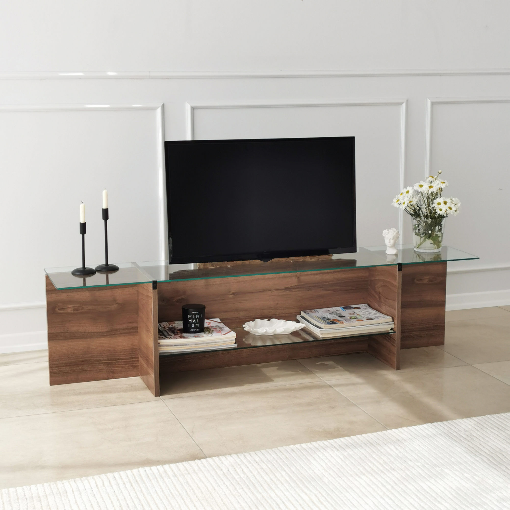 Comoda tv, Hanah Home, sticla temperata si pal melaminat, nuc, 158x40x35 cm — imaginea 6