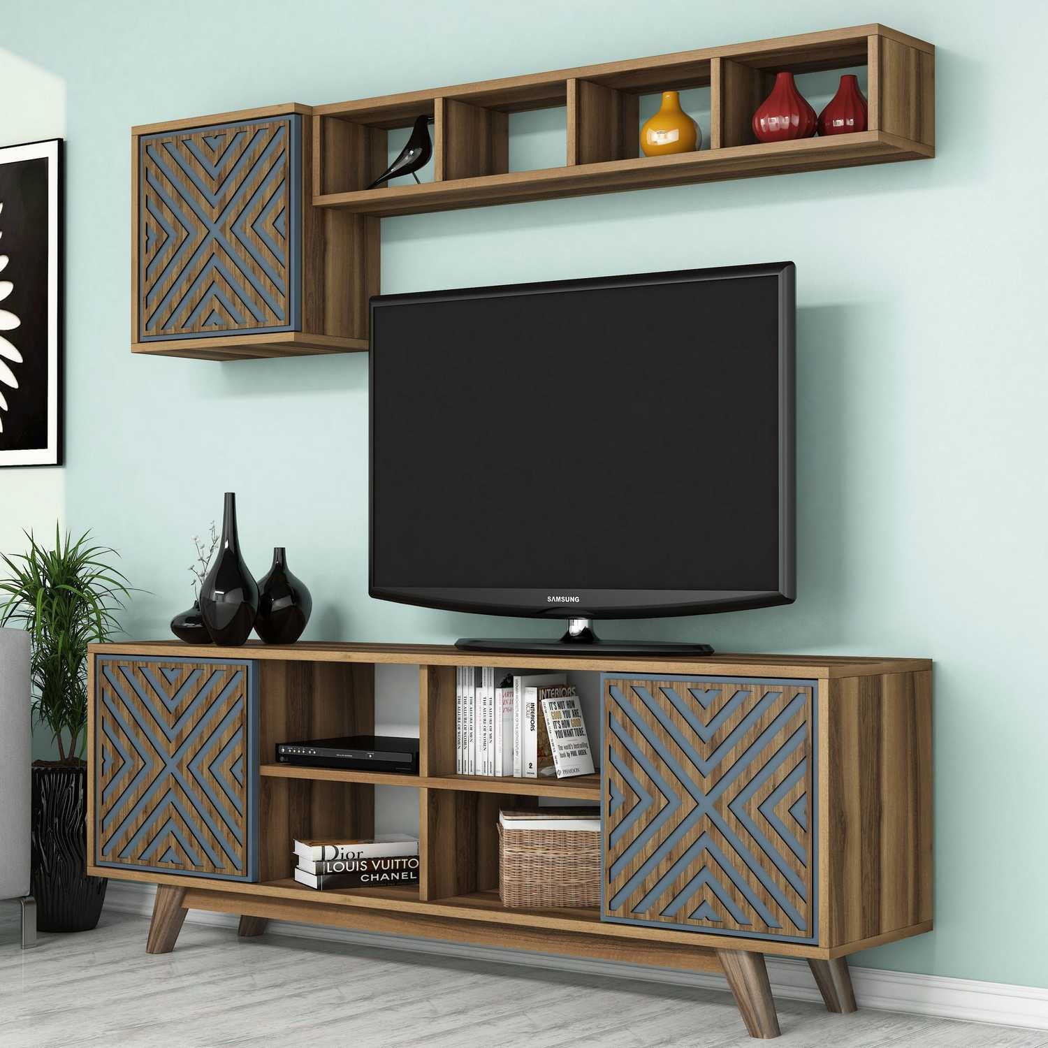 Comoda tv, Hanah Home, pal melaminat, nuc si albastru, 160x35x56.2 cm — imaginea 2