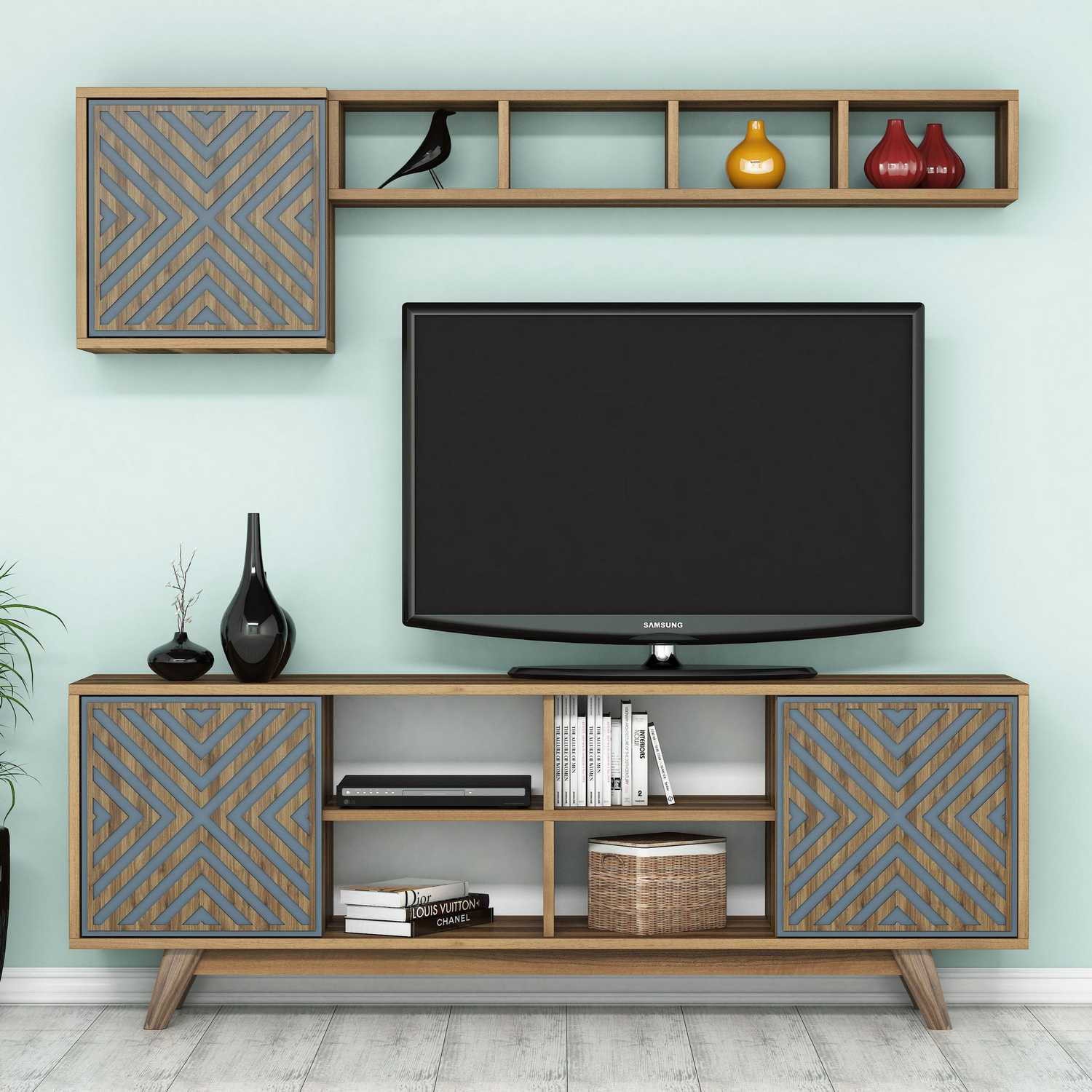 Comoda tv, Hanah Home, pal melaminat, nuc si albastru, 160x35x56.2 cm — imaginea 3