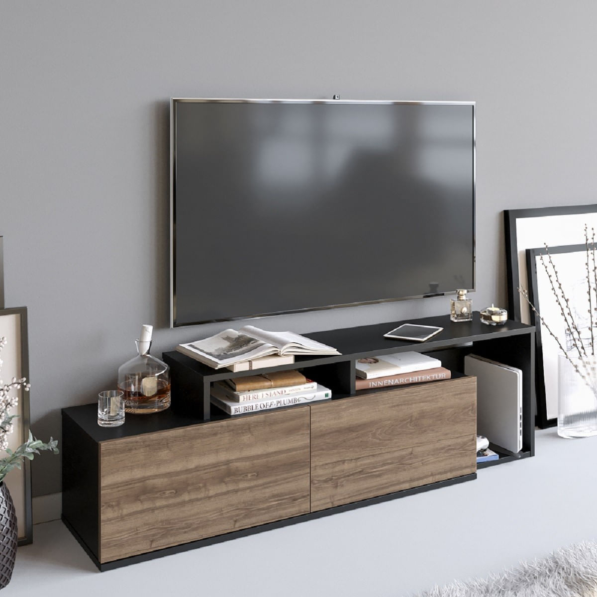 Comoda tv, Hanah Home, pal melaminat, negru si nuc, 149.8x35.3x42.9 cm — imaginea 2