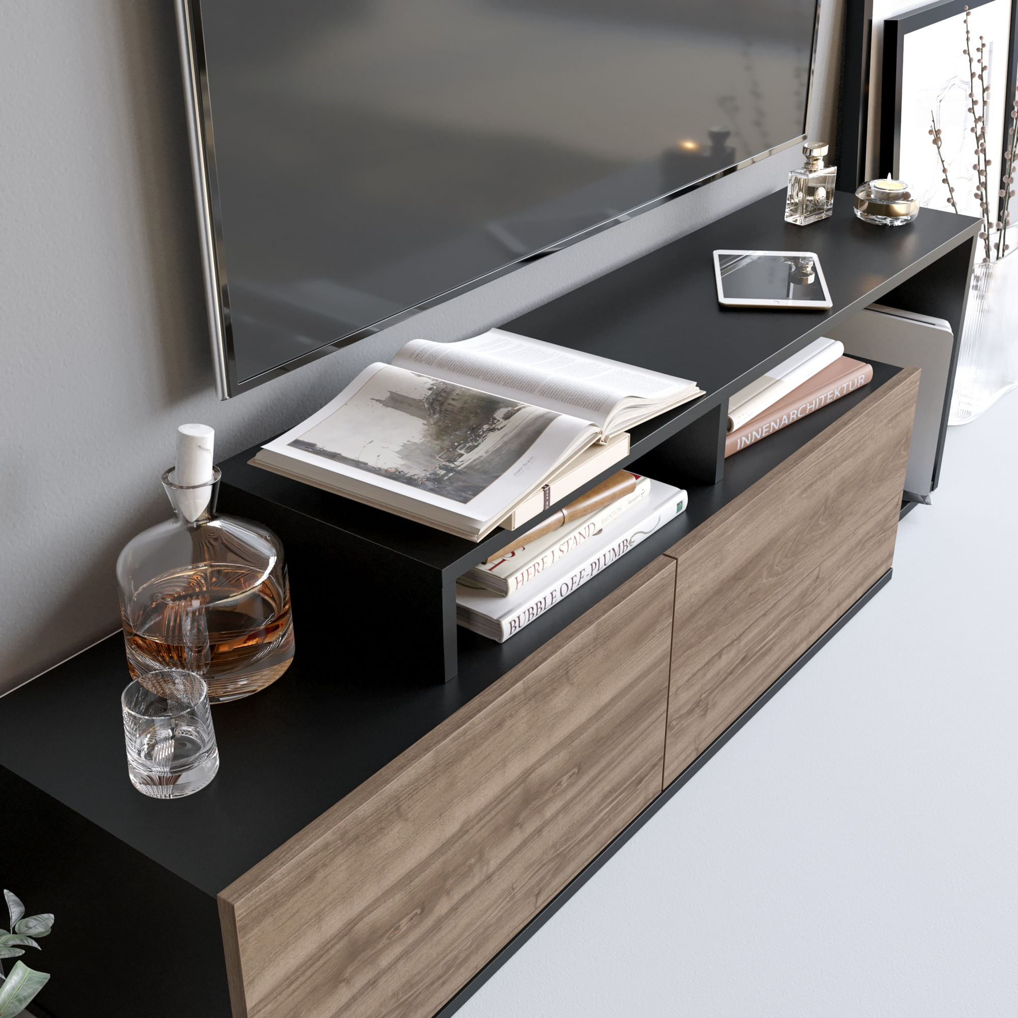 Comoda tv, Hanah Home, pal melaminat, negru si nuc, 149.8x35.3x42.9 cm — imaginea 4