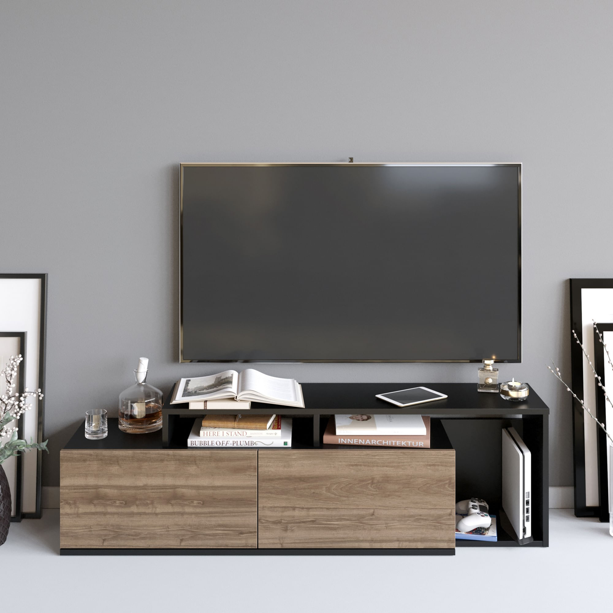 Comoda tv, Hanah Home, pal melaminat, negru si nuc, 149.8x35.3x42.9 cm — imaginea 5