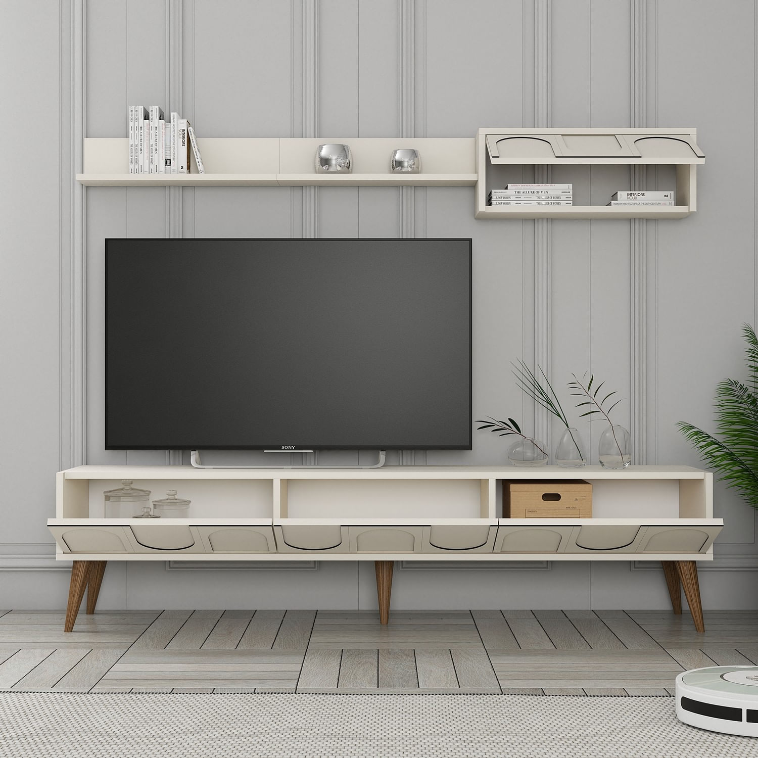 Corp tv, Hanah Home, pal melaminat, crem si nuc, 180x44x35 cm — imaginea 4