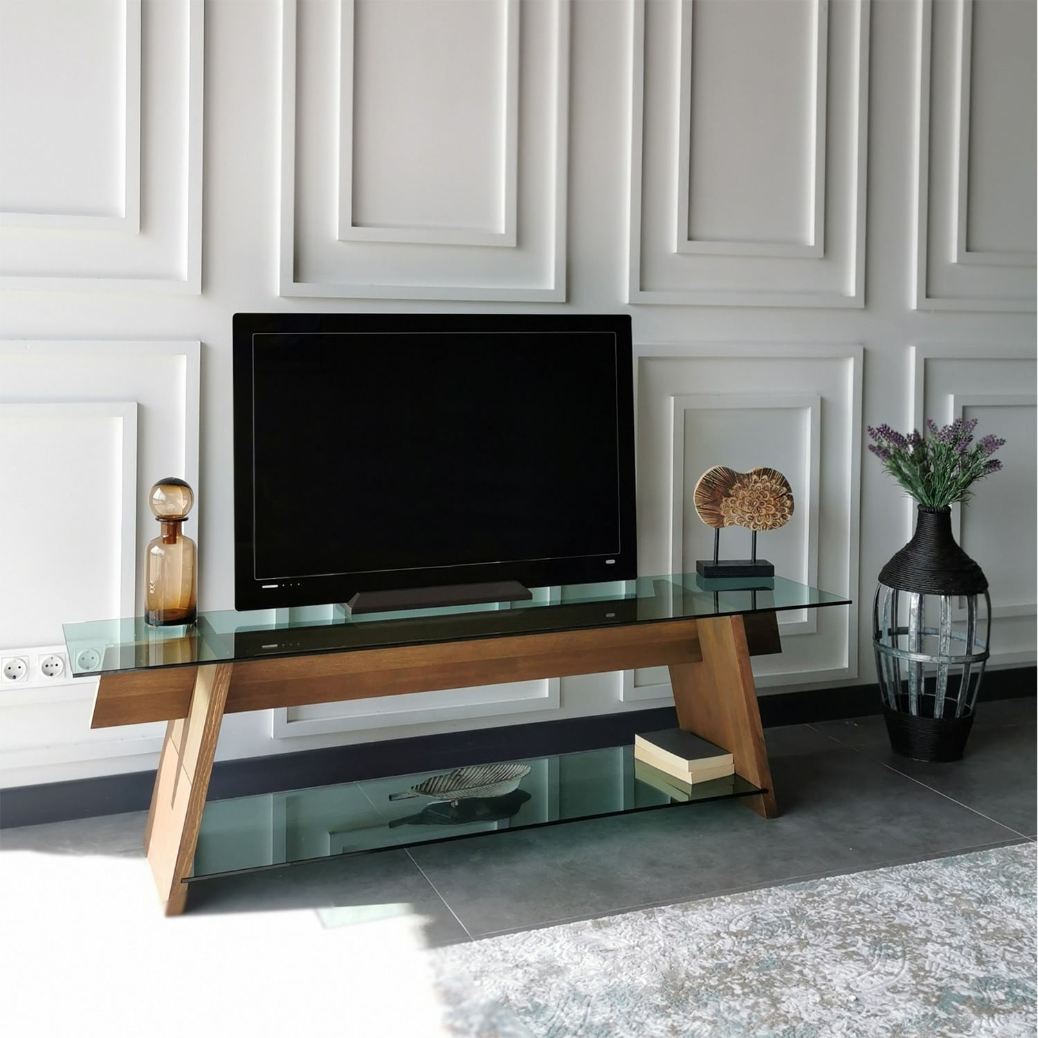 Comoda tv, Hanah Home, sticla securizata, lemn masiv de pin, nuc verde, 158x45x40 cm — imaginea 8