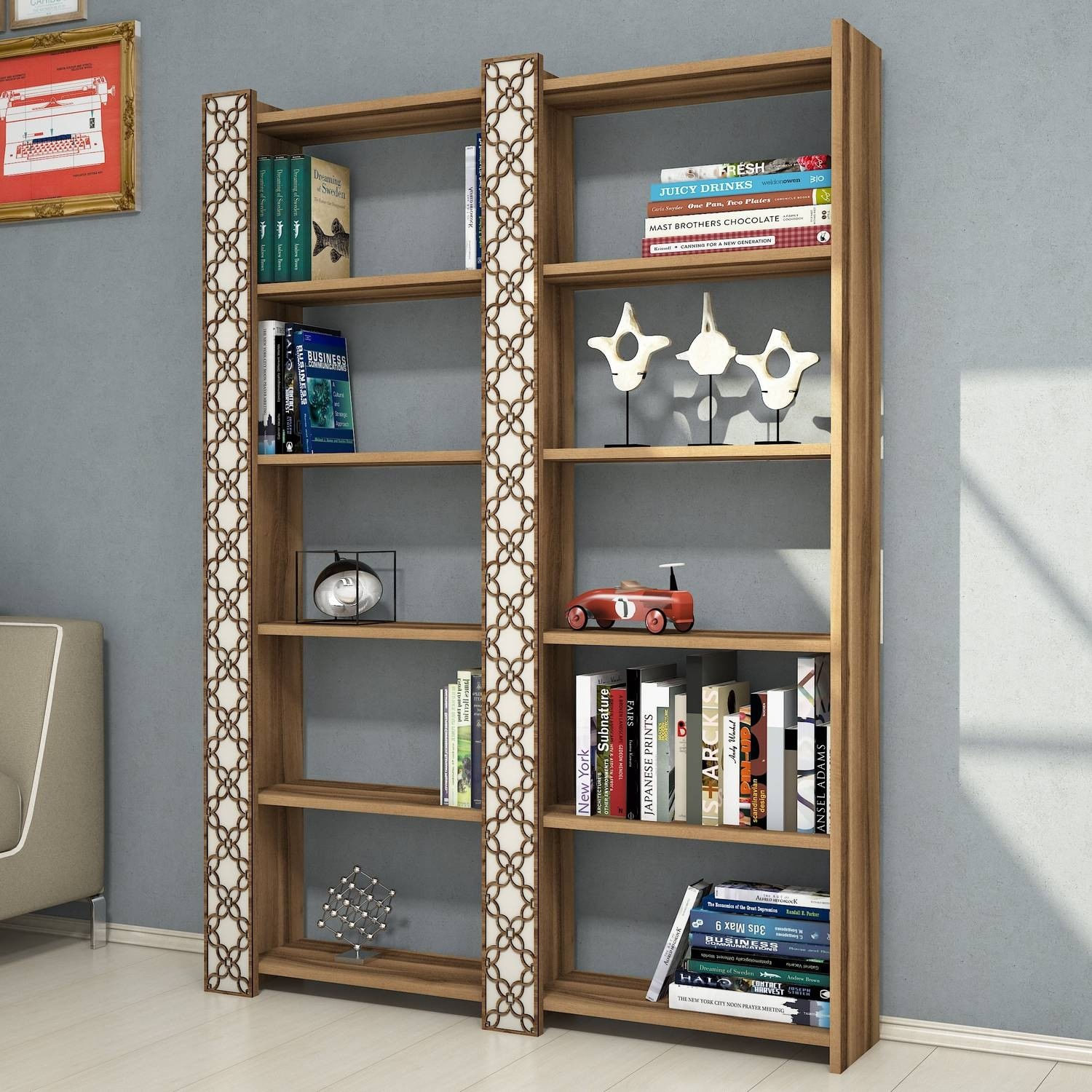 Biblioteca, Hanah Home, pal melaminat, nuc crem, 124.6x24.2x170 cm