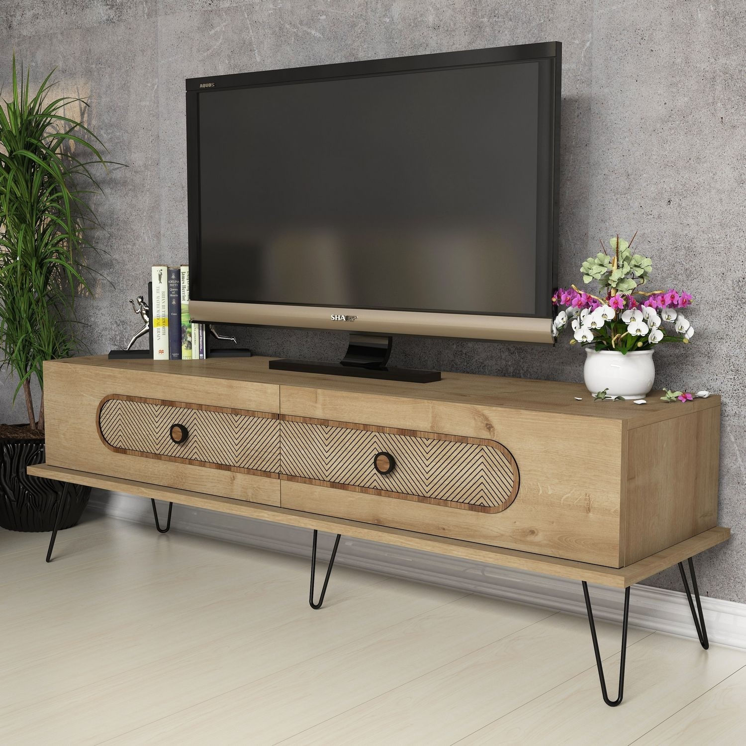 Comoda tv, Hanah Home, pal melaminat, stejar, 145x45x40 cm — imaginea 2
