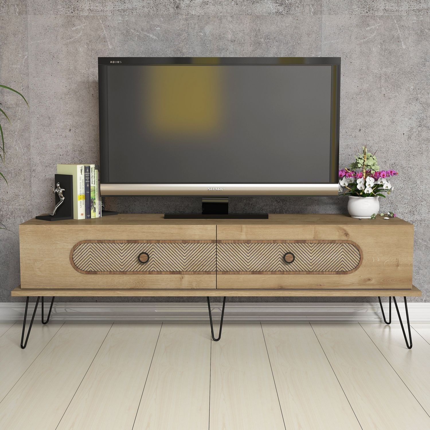 Comoda tv, Hanah Home, pal melaminat, stejar, 145x45x40 cm — imaginea 3