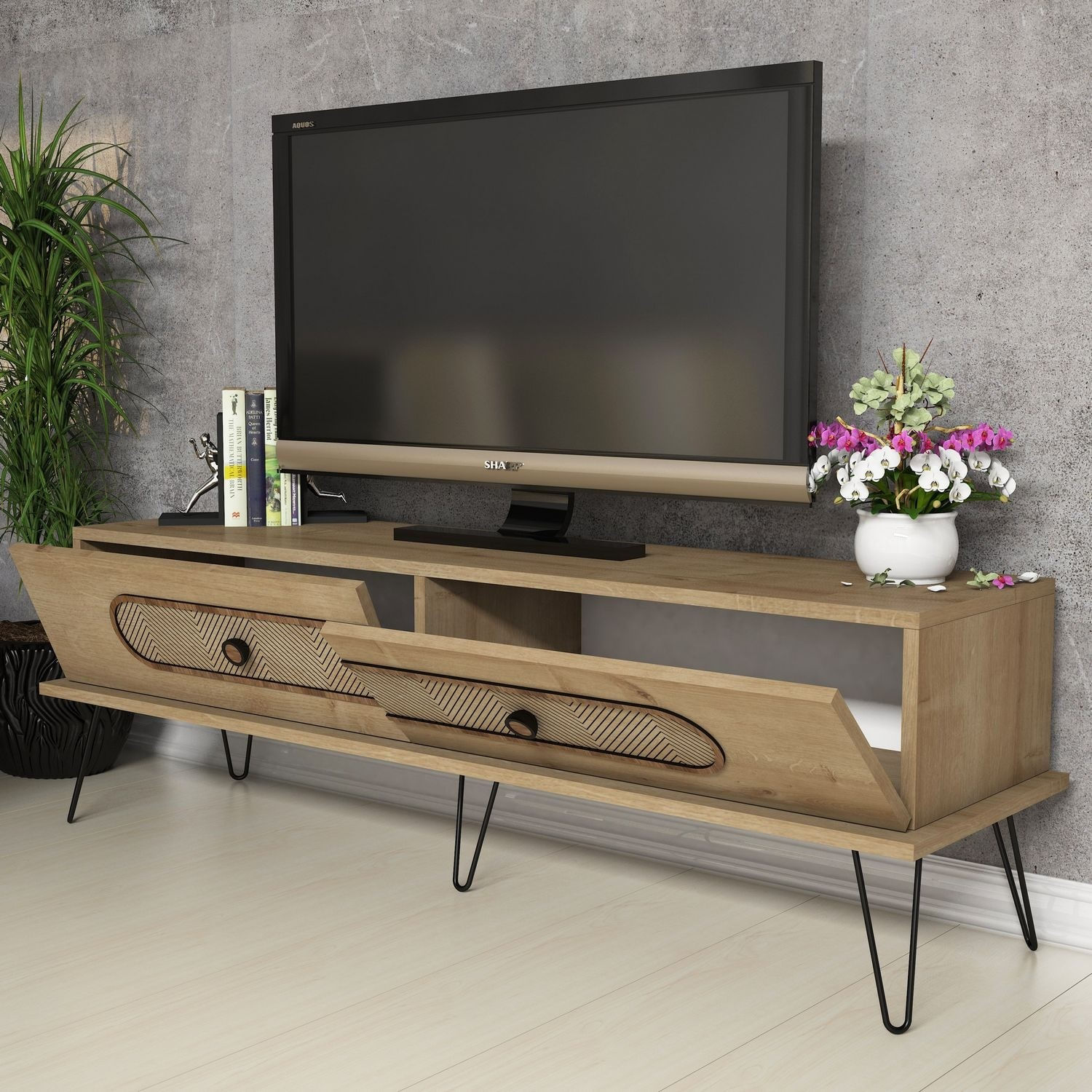 Comoda tv, Hanah Home, pal melaminat, stejar, 145x45x40 cm — imaginea 5
