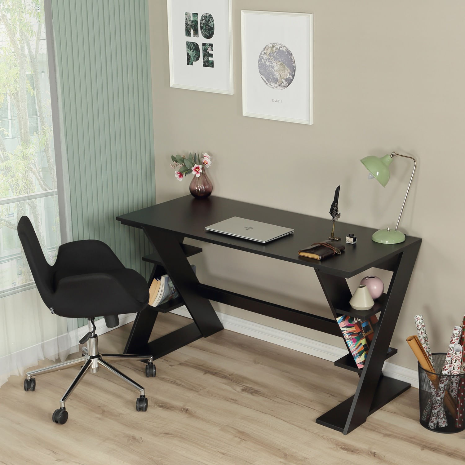 Birou de studiu, Hanah Home, pal, negru, 140x73x60 cm — imaginea 5