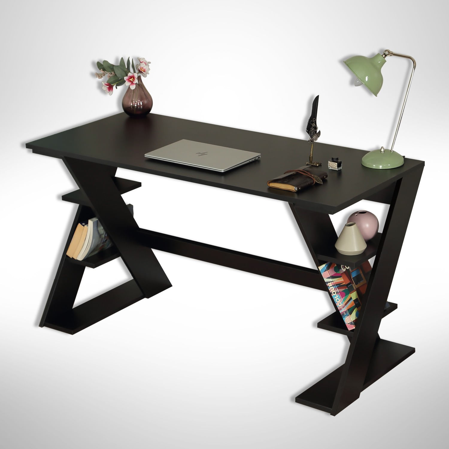 Birou de studiu, Hanah Home, pal, negru, 140x73x60 cm — imaginea 8