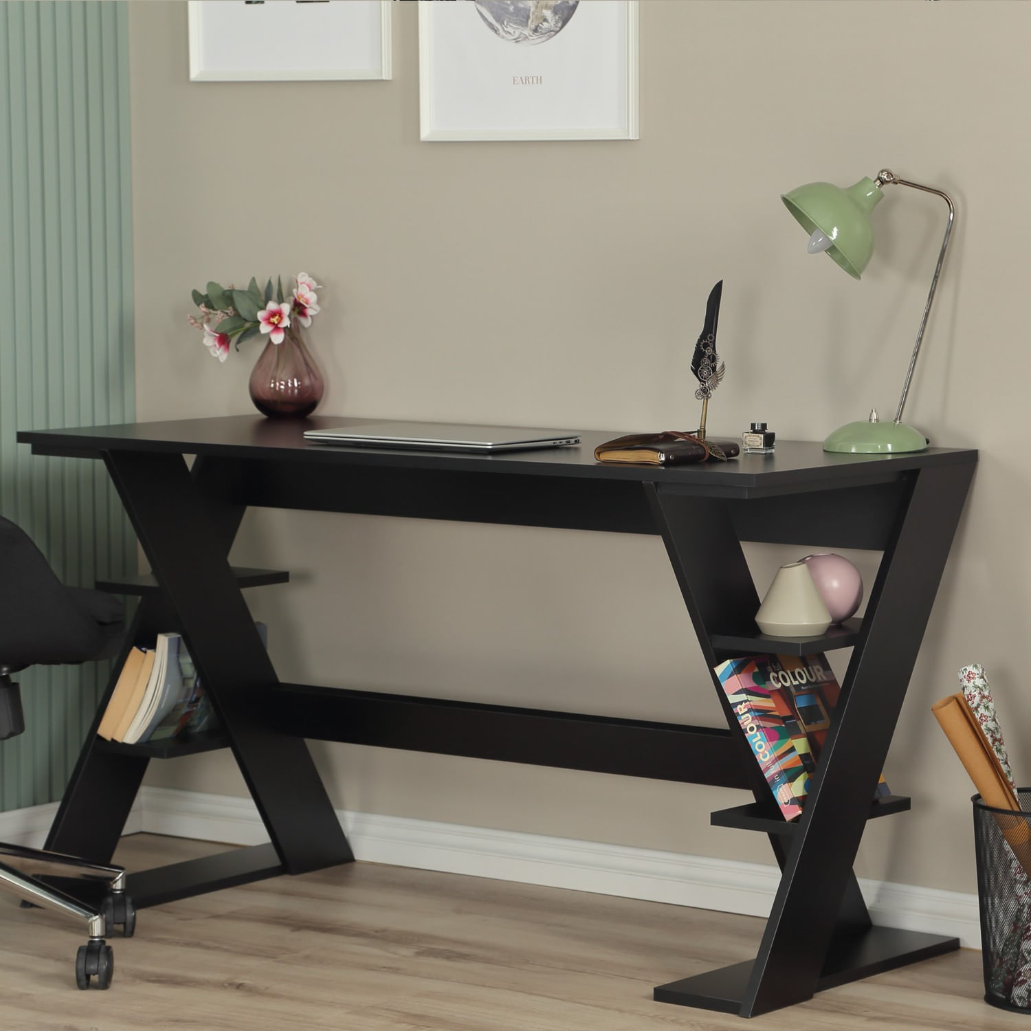 Birou de studiu, Hanah Home, pal, negru, 140x73x60 cm — imaginea 9
