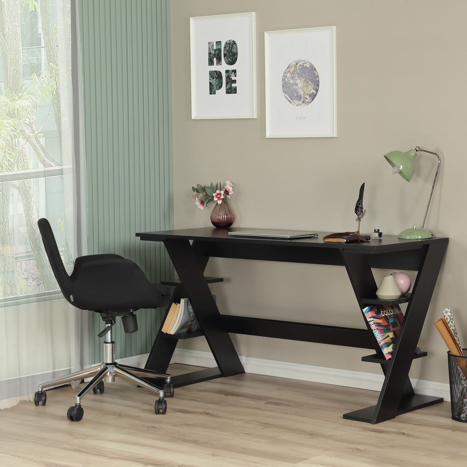 Birou de studiu, Hanah Home, pal, negru, 140x73x60 cm — imaginea 10