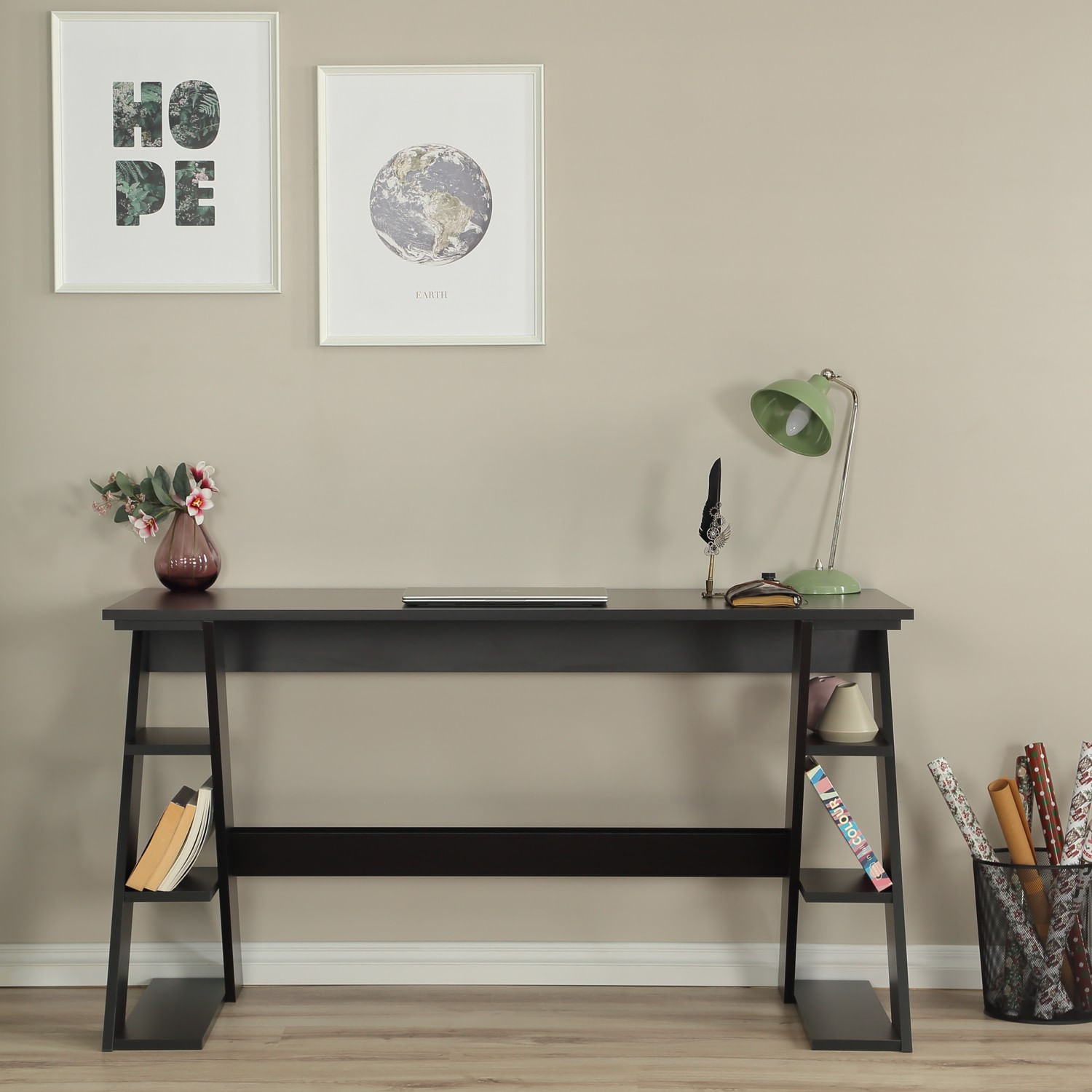 Birou de studiu, Hanah Home, pal, negru, 140x73x60 cm — imaginea 11