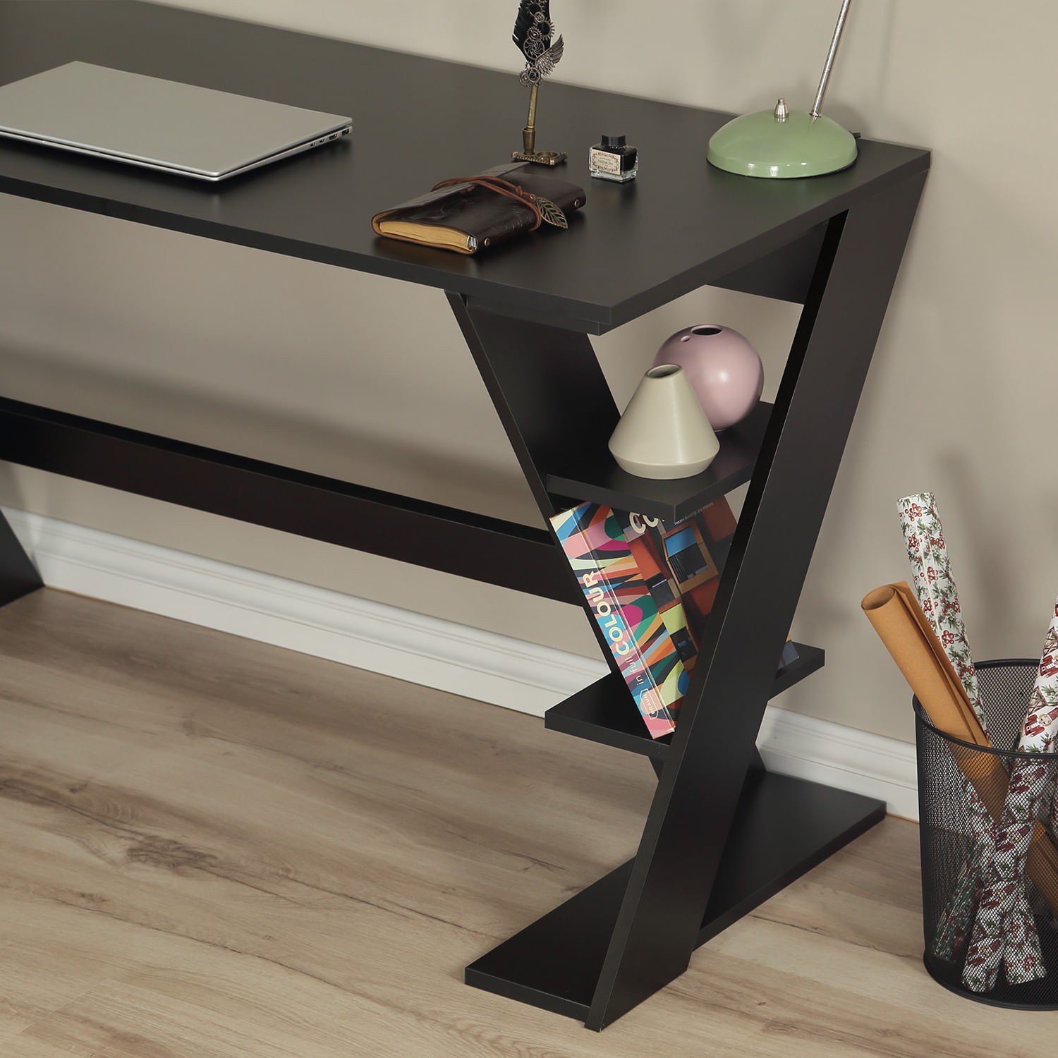 Birou de studiu, Hanah Home, pal, negru, 140x73x60 cm — imaginea 12