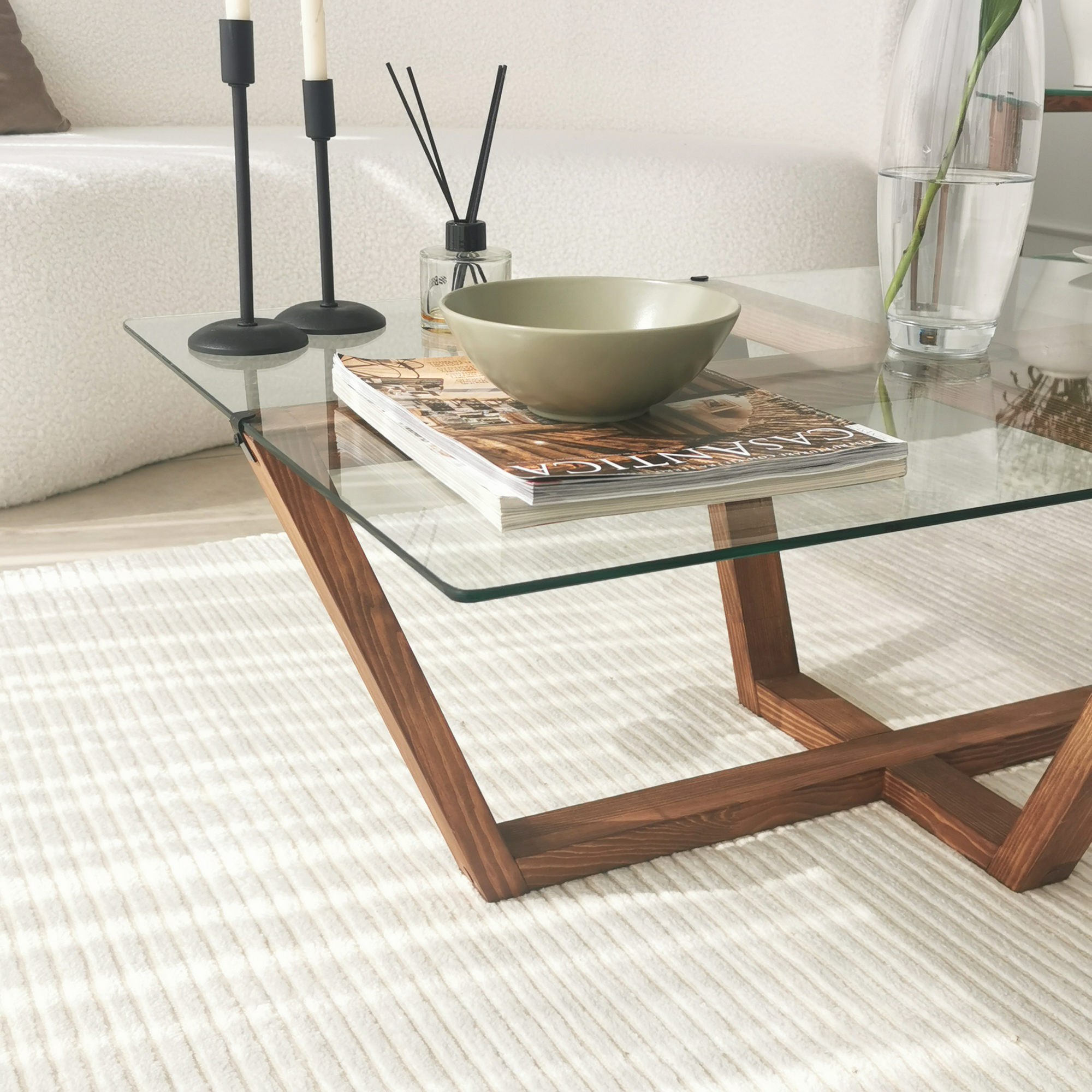 Masa de cafea, Hanah Home, sticla securizata, nuc, 105x65x35 cm — imaginea 5