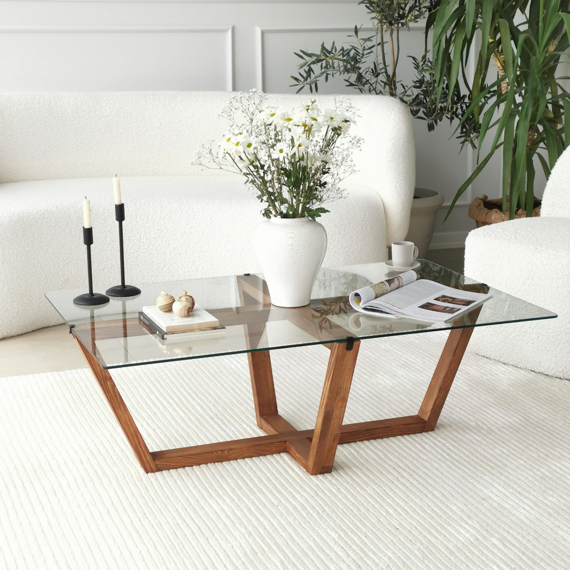 Masa de cafea, Hanah Home, sticla securizata, nuc, 105x65x35 cm — imaginea 7