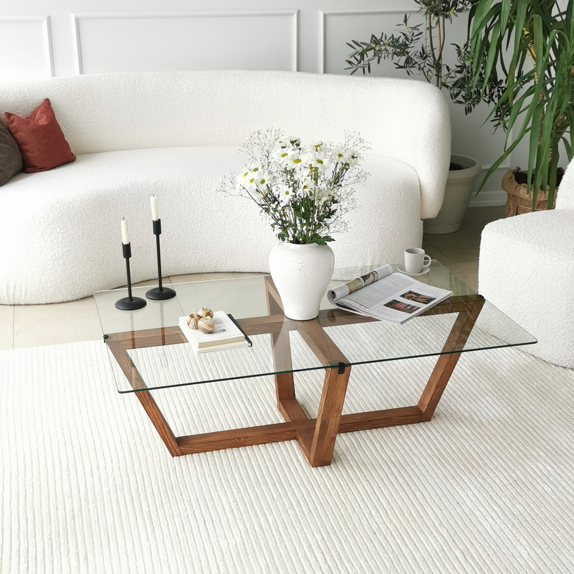 Masa de cafea, Hanah Home, sticla securizata, nuc, 105x65x35 cm — imaginea 10