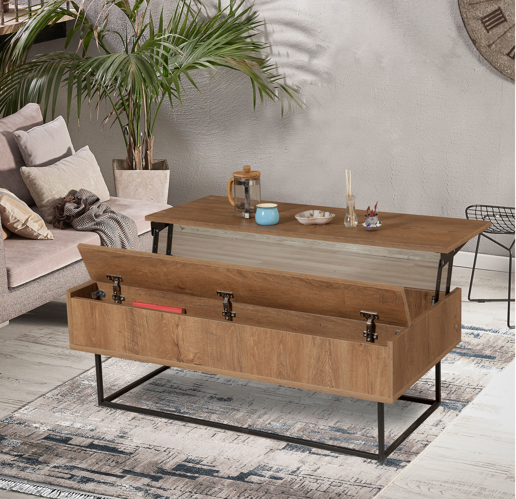 Masa de cafea, Hanah Home, panou de particule melaminat, nuc si negru, 120x60x43 cm, cadru metalic, 2 niveluri — imaginea 6