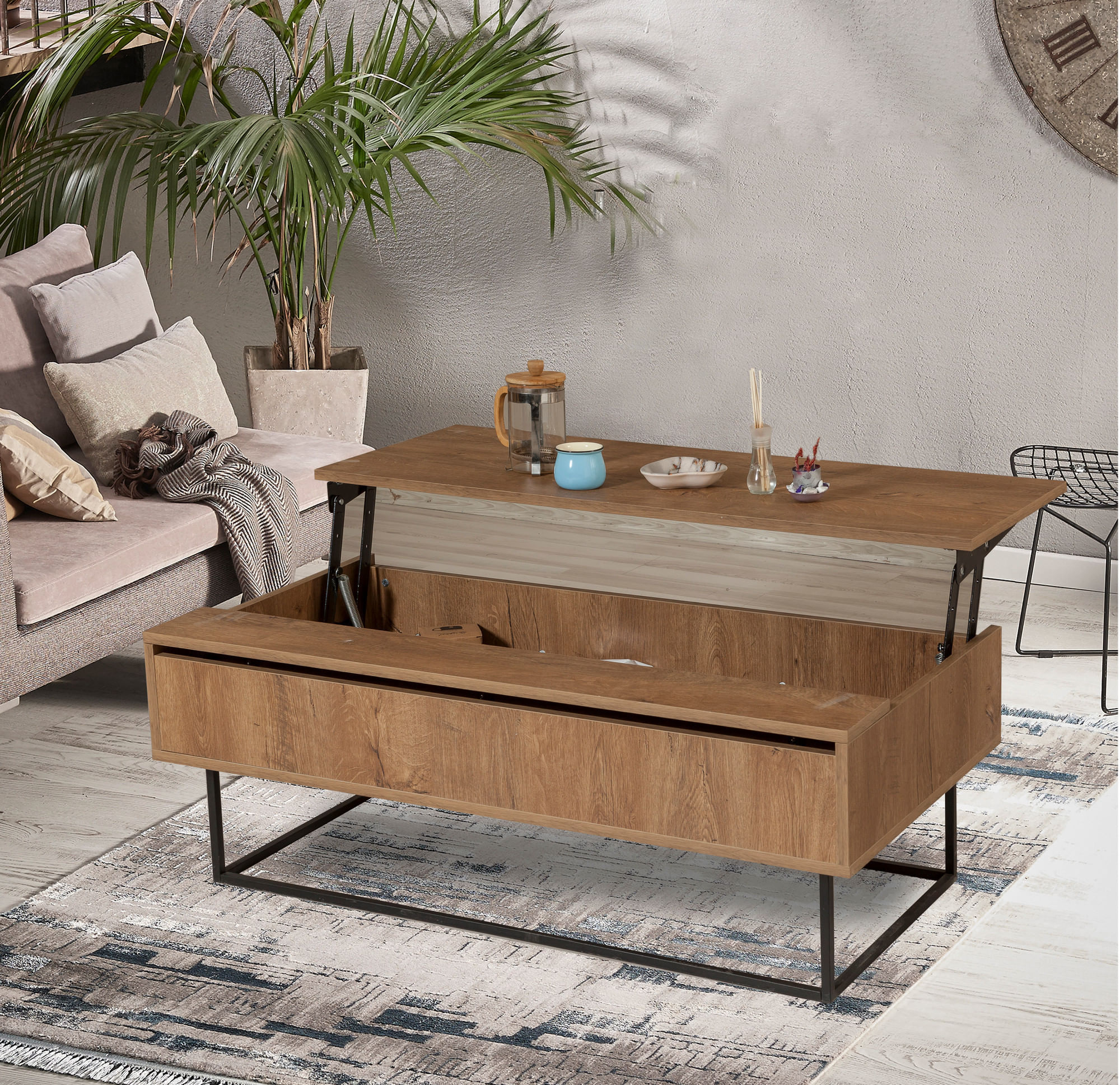 Masa de cafea, Hanah Home, panou de particule melaminat, nuc si negru, 120x60x43 cm, cadru metalic, 2 niveluri — imaginea 8