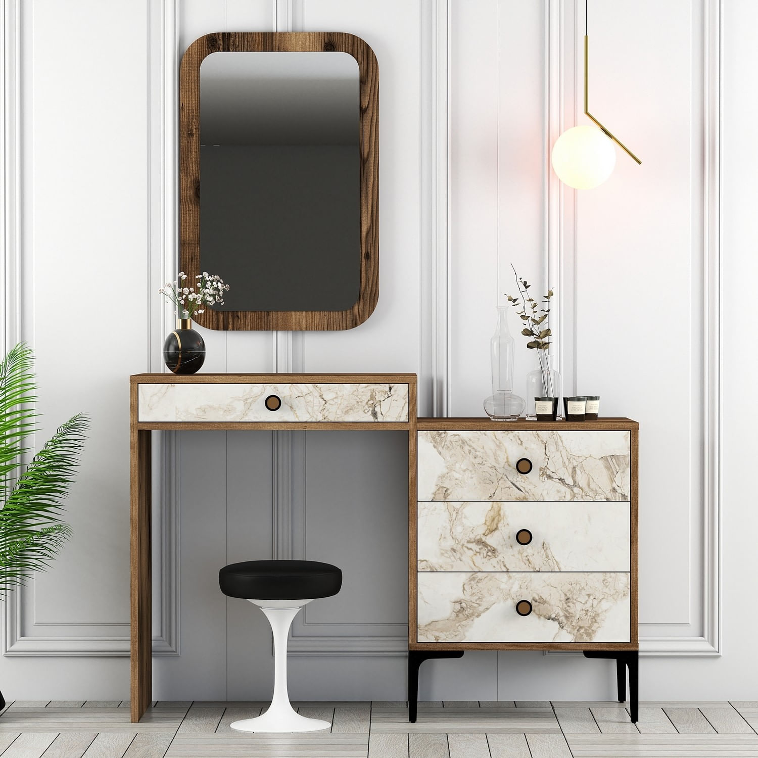 Masa de toaleta, Hanah Home, pal melaminat, nuc si alb, 124x40x84.7 cm — imaginea 3