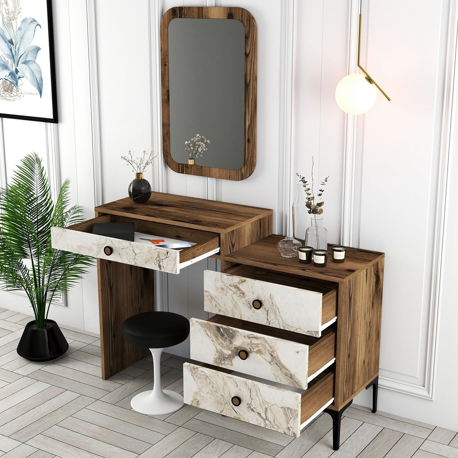 Masa de toaleta, Hanah Home, pal melaminat, nuc si alb, 124x40x84.7 cm — imaginea 4