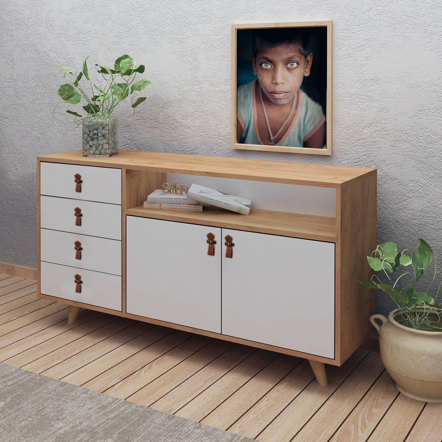 Consola, Hanah Home, panou de particule melaminat, stejar alb, 140x40x86 cm — imaginea 3