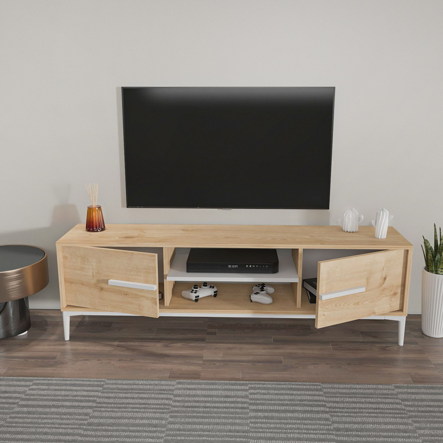 Comoda tv, Hanah Home, pal melaminat, stejar si alb, 120x43.6x29.6 cm — imaginea 2