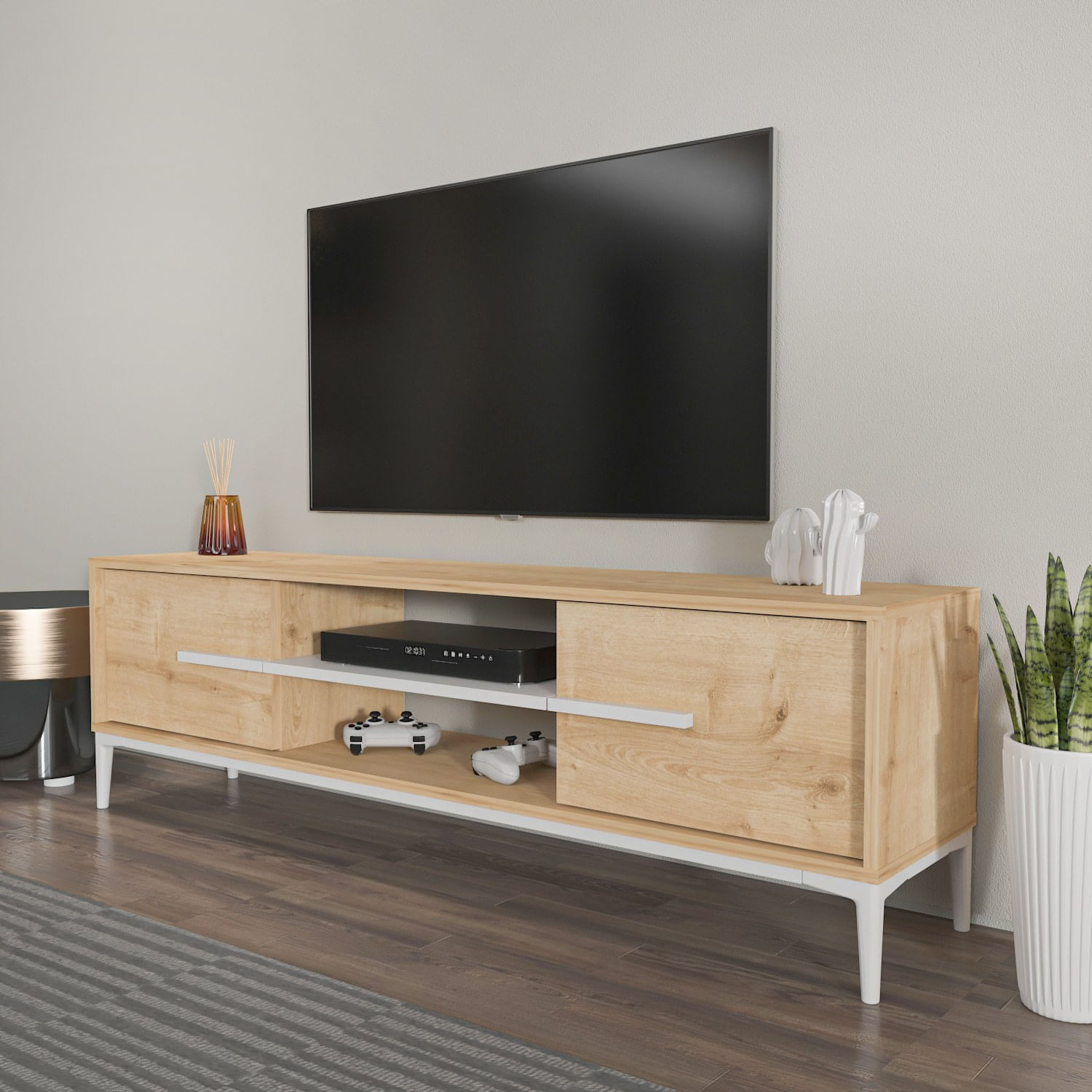 Comoda tv, Hanah Home, pal melaminat, stejar si alb, 120x43.6x29.6 cm — imaginea 3
