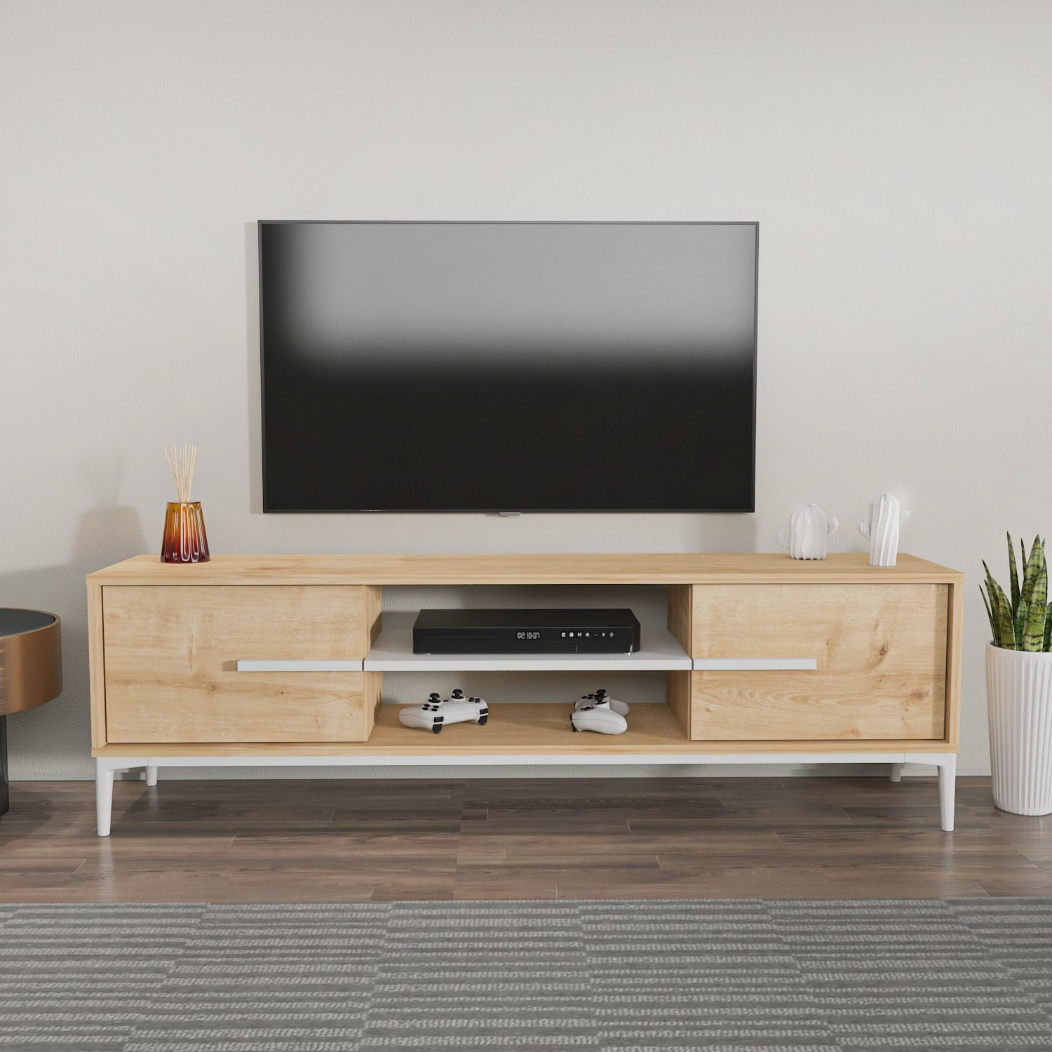 Comoda tv, Hanah Home, pal melaminat, stejar si alb, 120x43.6x29.6 cm — imaginea 5