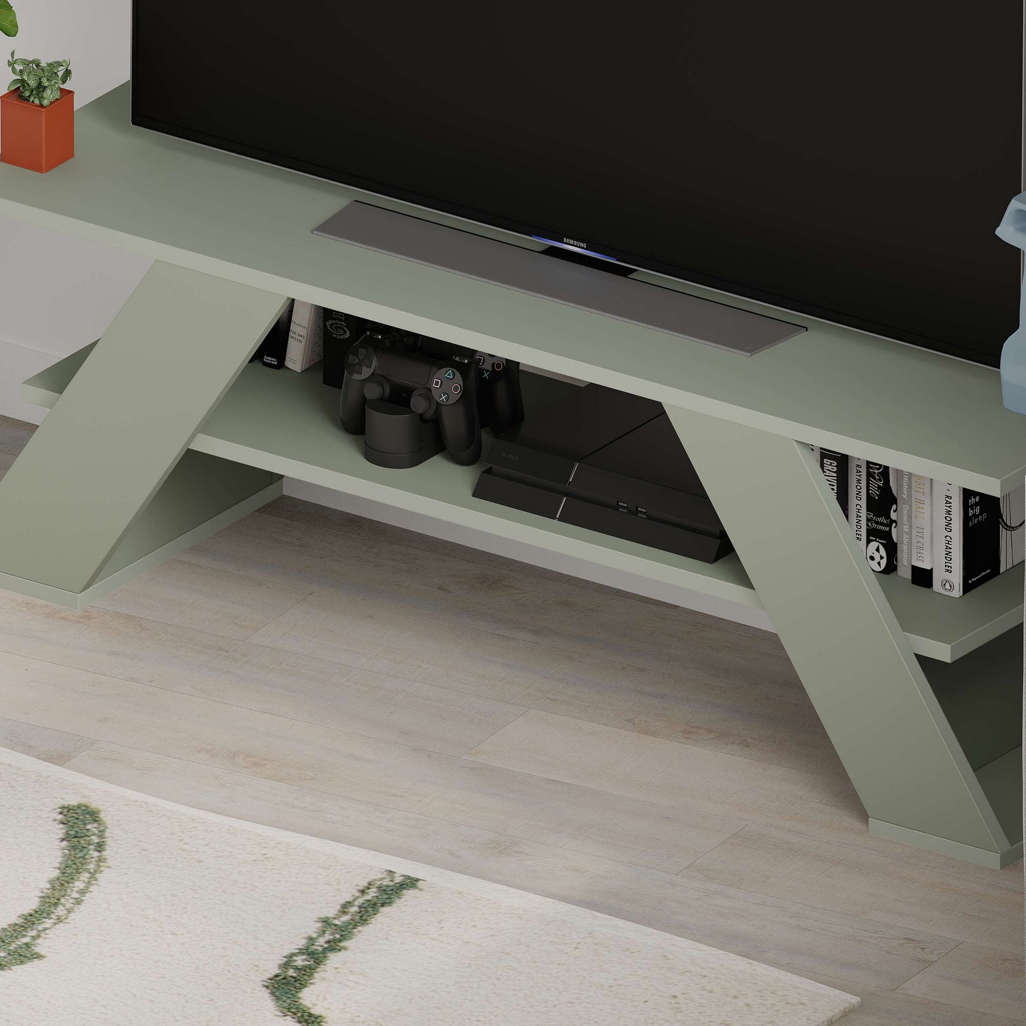 Comoda tv, Hanah Home, pal melaminat, verde cenusa, 120x40x33,5 cm — imaginea 6