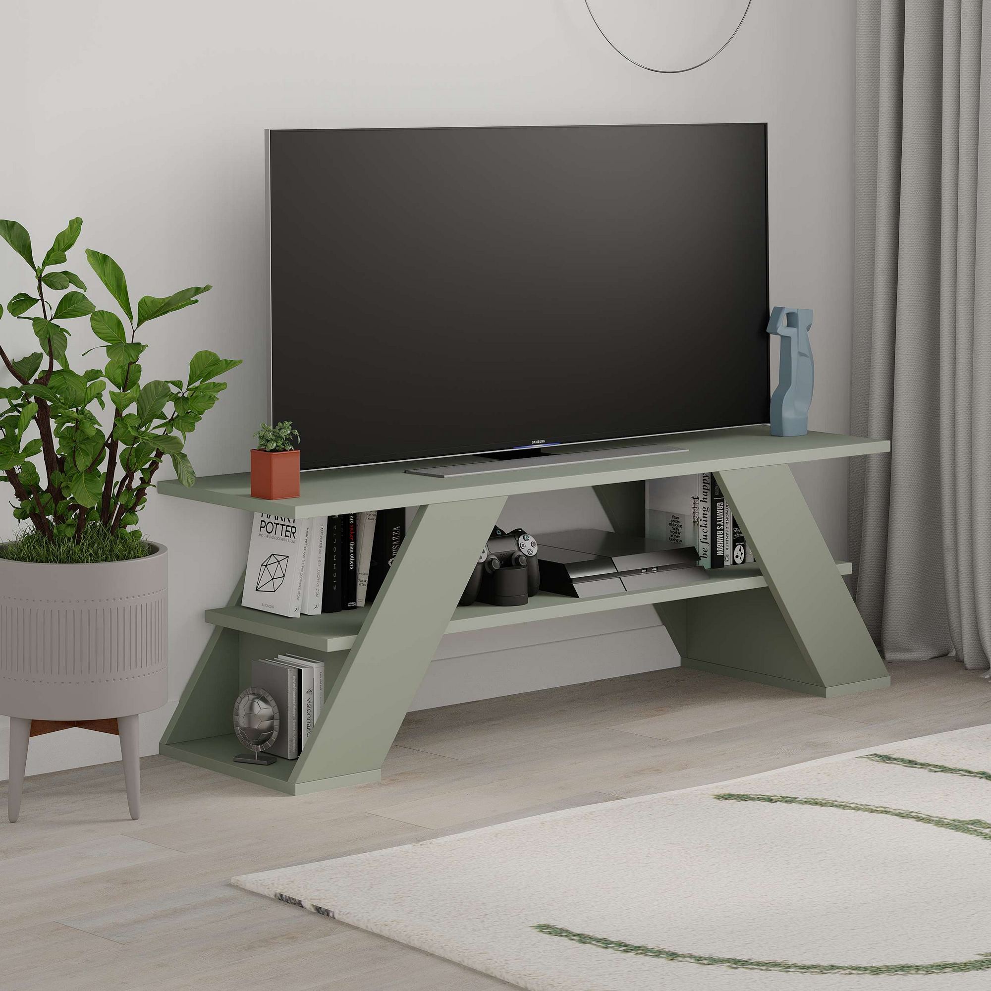 Comoda tv, Hanah Home, pal melaminat, verde cenusa, 120x40x33,5 cm — imaginea 7