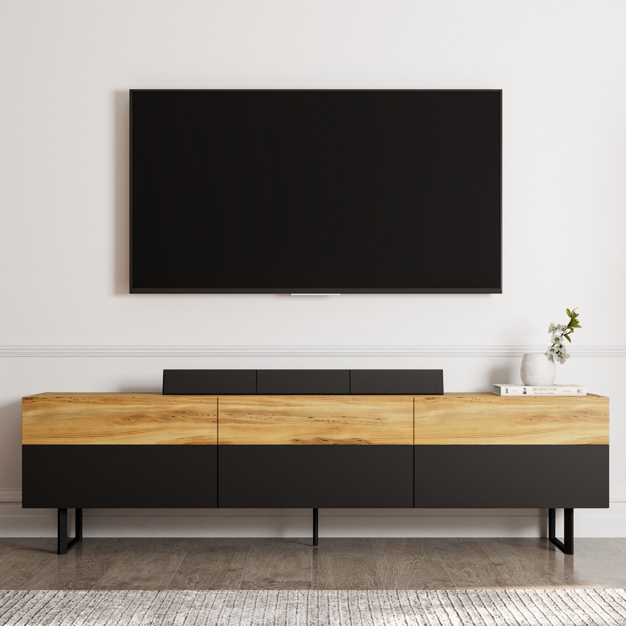 Comoda tv, Hanah Home, pal melaminat, negru si stejar, 180x49x37 cm — imaginea 3